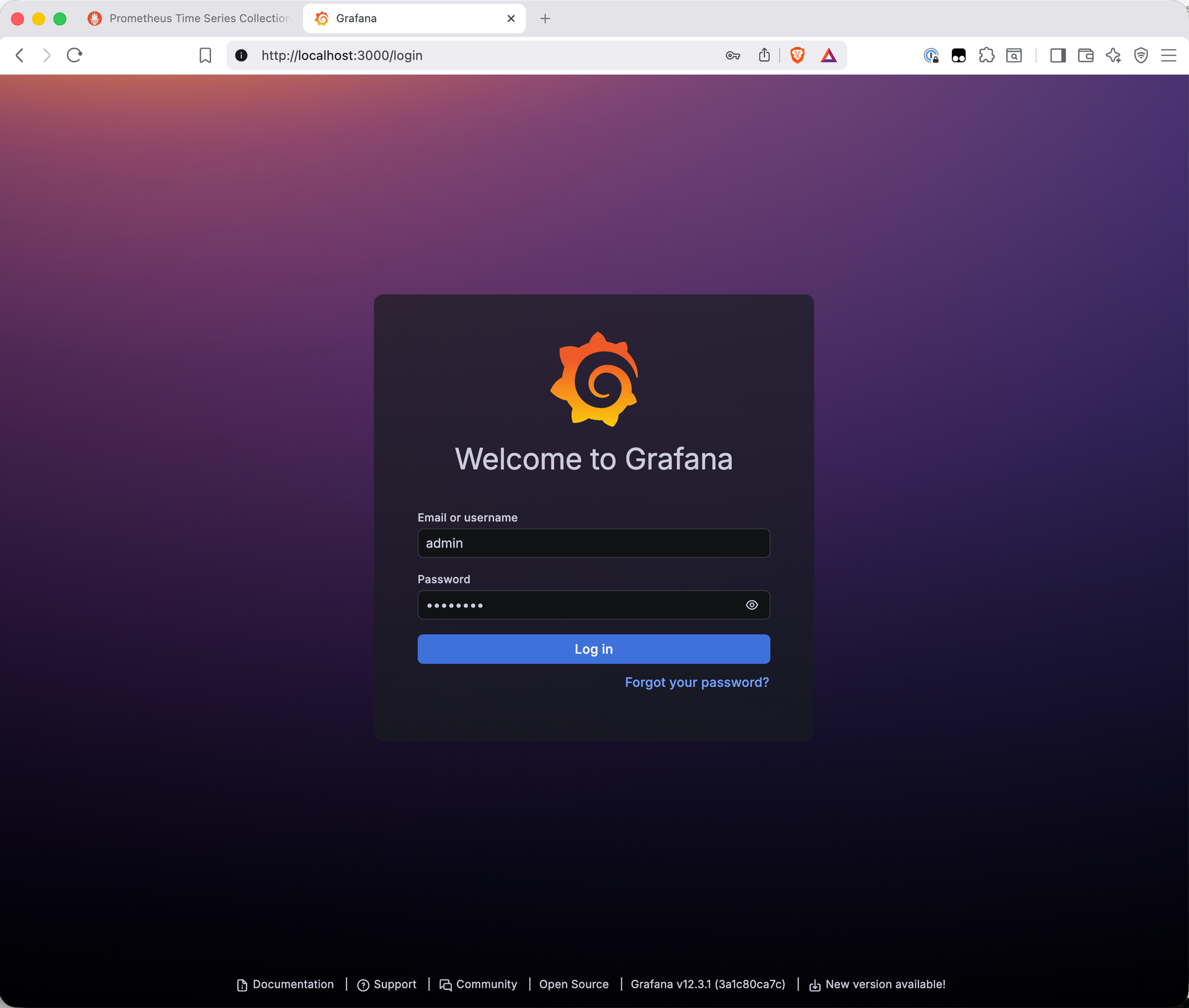 Grafana login page at localhost:3000 showing the username field filled with admin and a password field, with the Grafana version v12.3.1 visible in the footer