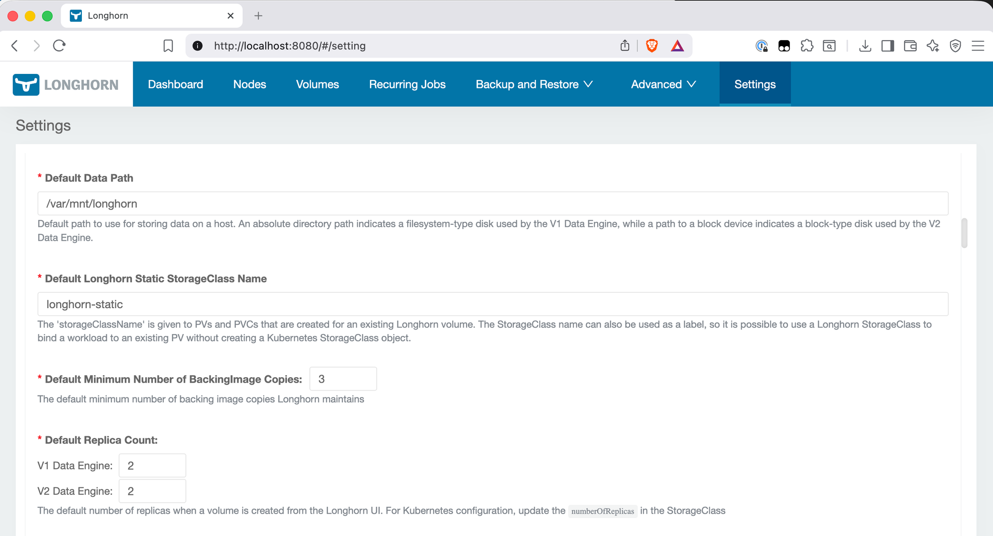Longhorn settings page showing default data path /var/mnt/longhorn and default replica count of 2 for both V1 and V2 Data Engine