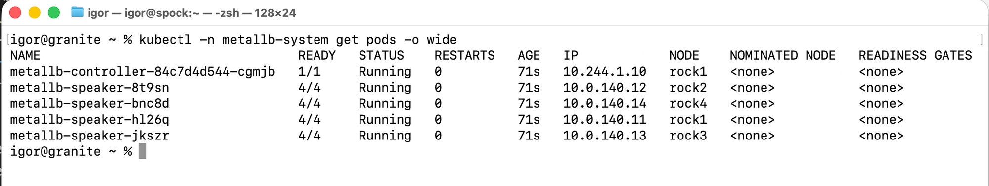Terminal output of kubectl -n metallb-system get pods -o wide showing metallb-controller running on rock1 and four metallb-speaker pods running on rock1 through rock4 at their node IPs 10.0.140.11 through 10.0.140.14