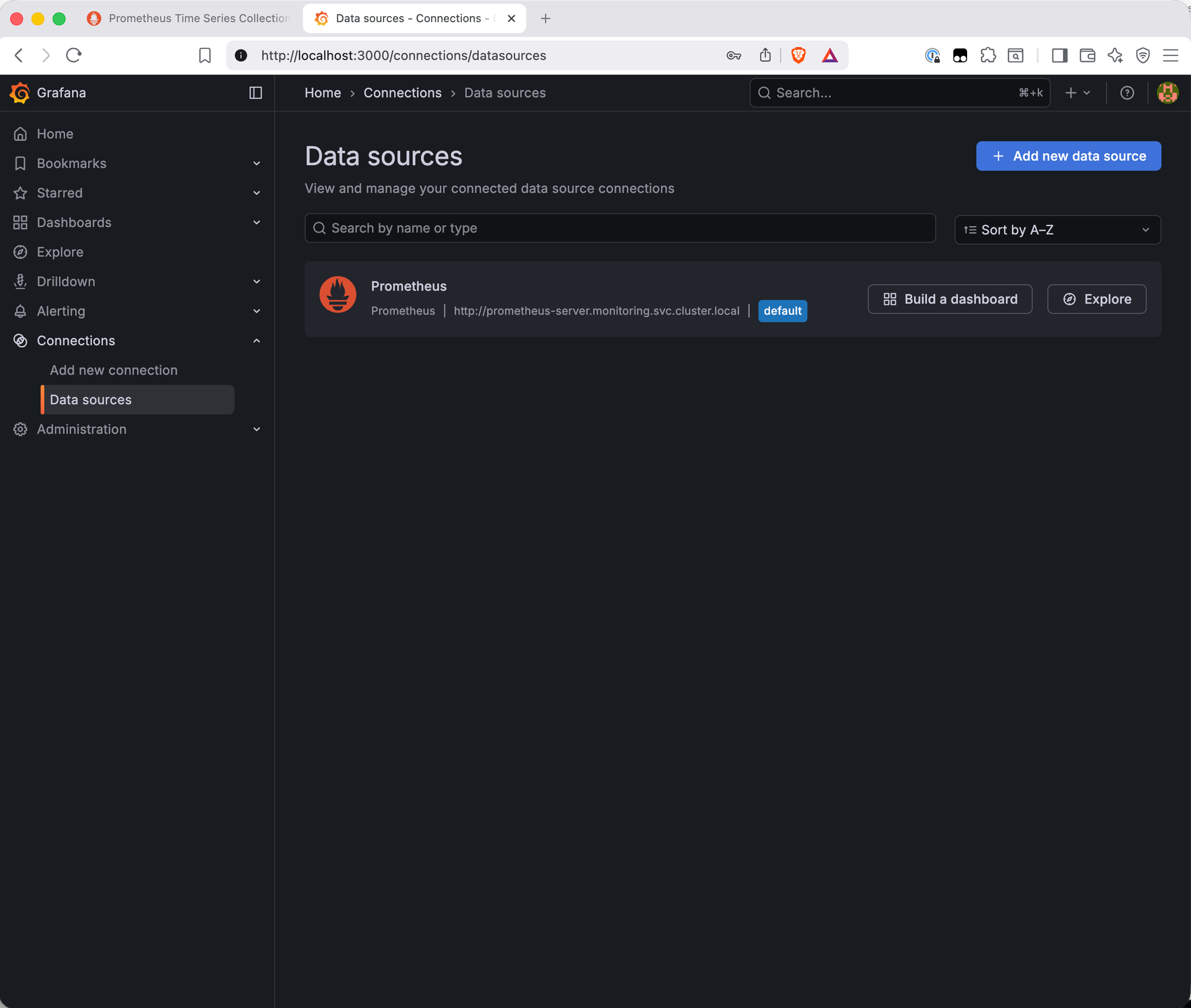 Grafana Data Sources page showing Prometheus listed as the default data source, with the URL http://prometheus-server.monitoring.svc.cluster.local visible and a default badge