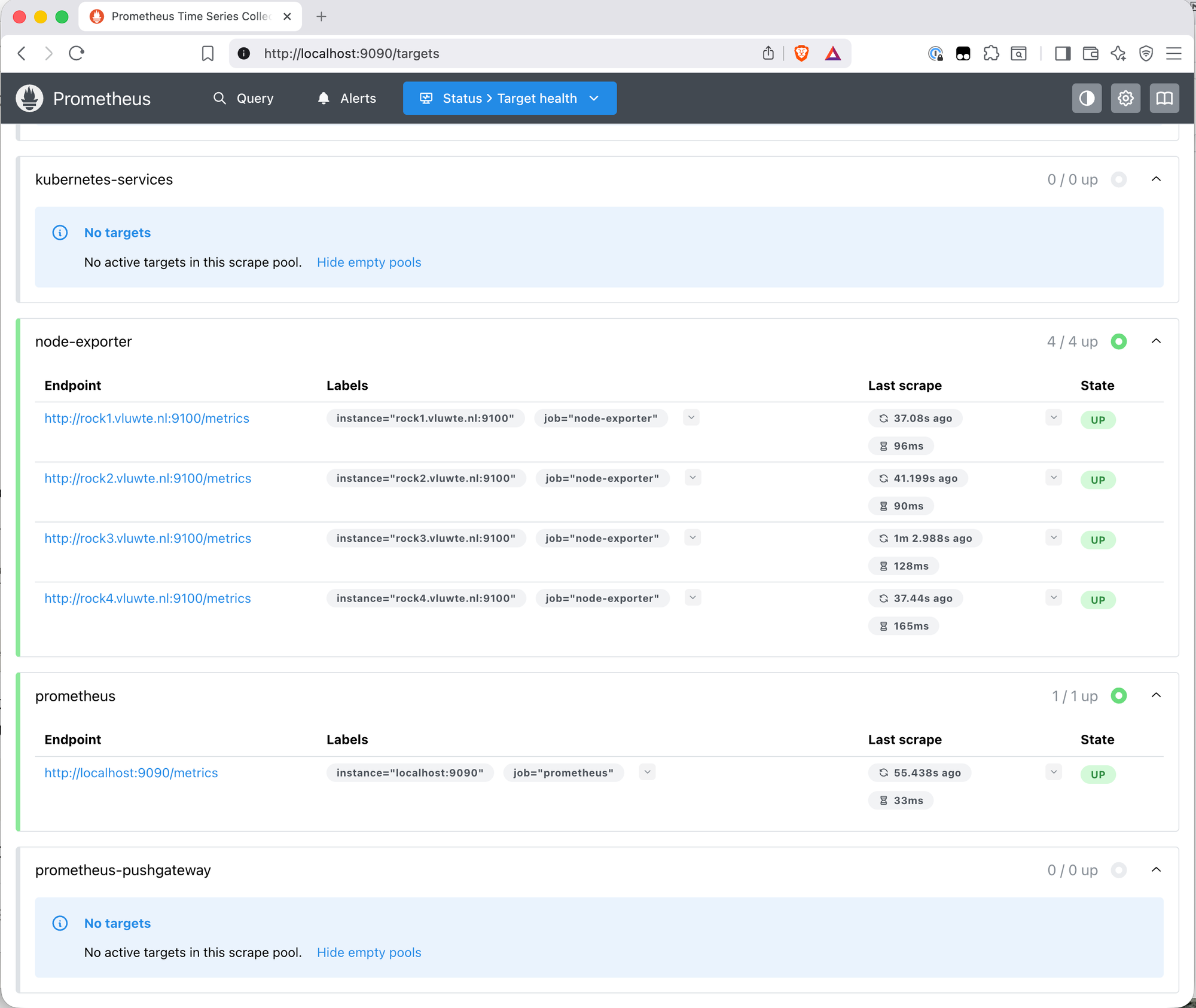 Prometheus Status Targets page showing four node exporter targets — rock1, rock2, rock3, rock4 — all with state UP and last scrape times under a second ago