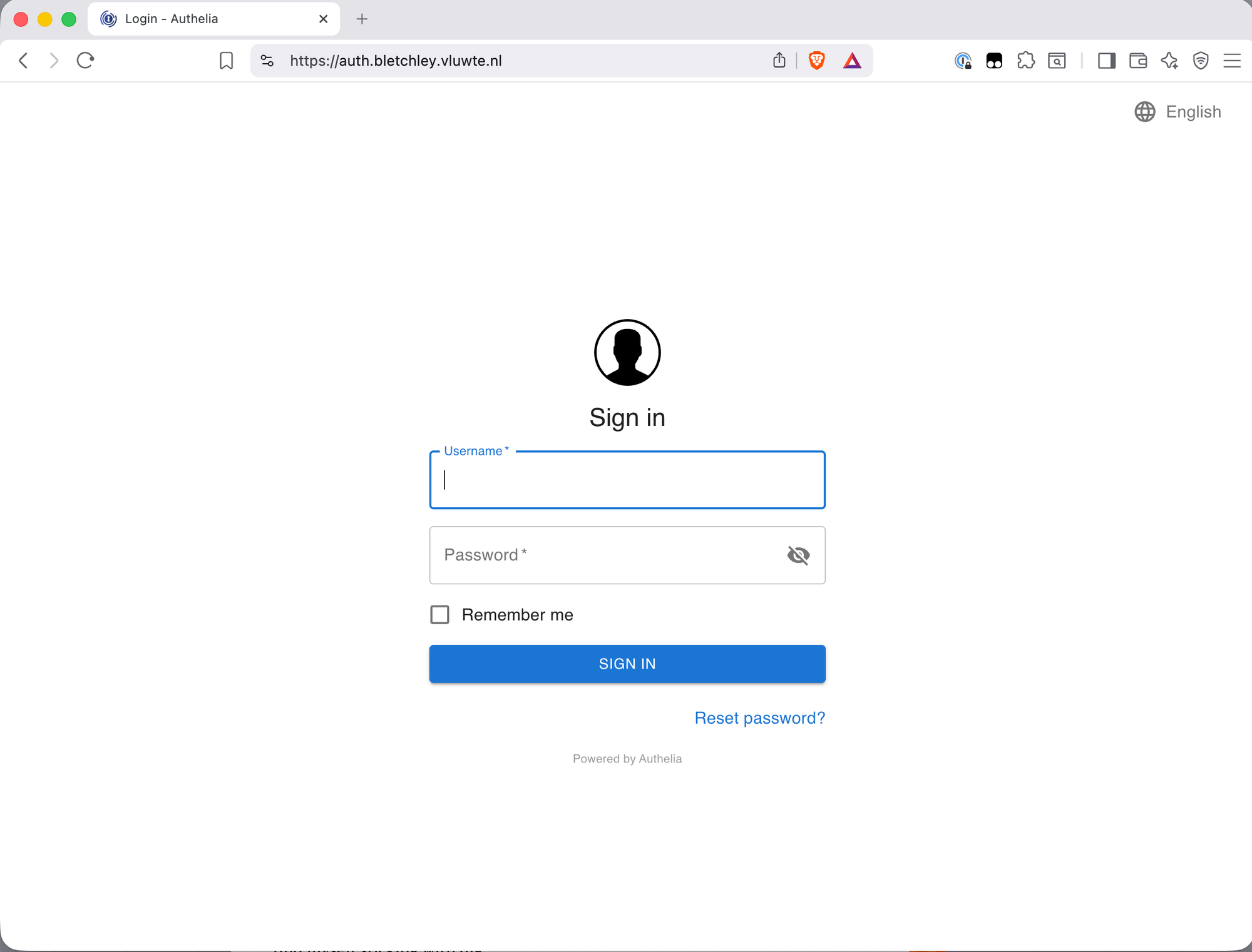Browser showing the Authelia Sign In page at https://auth.bletchley.vluwte.nl with username and password fields, a Remember me checkbox, and a Sign In button