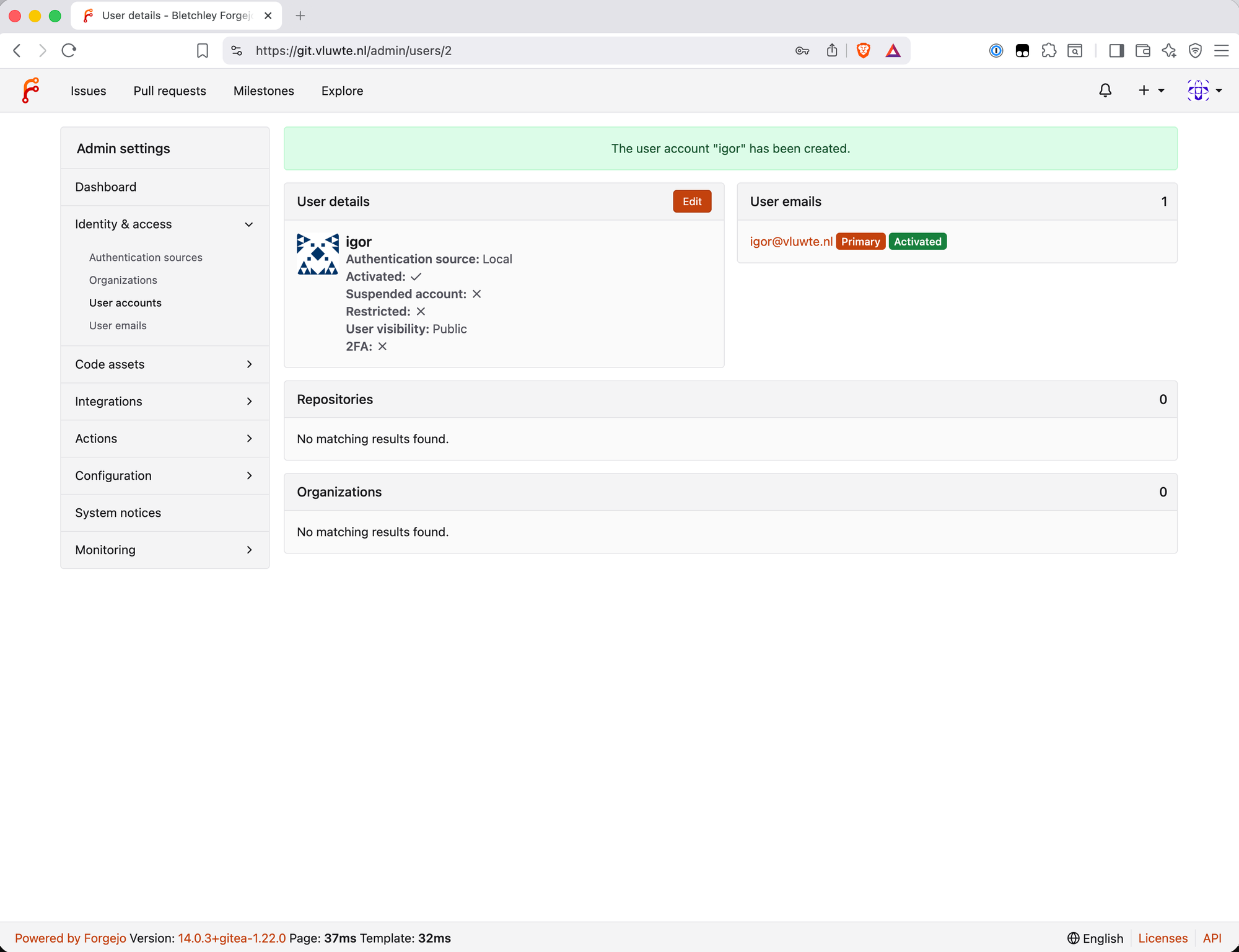 Forgejo admin settings panel showing the igor user account details — activated, not suspended, public visibility, 2FA not yet enabled, with igor@vluwte.nl as the primary email