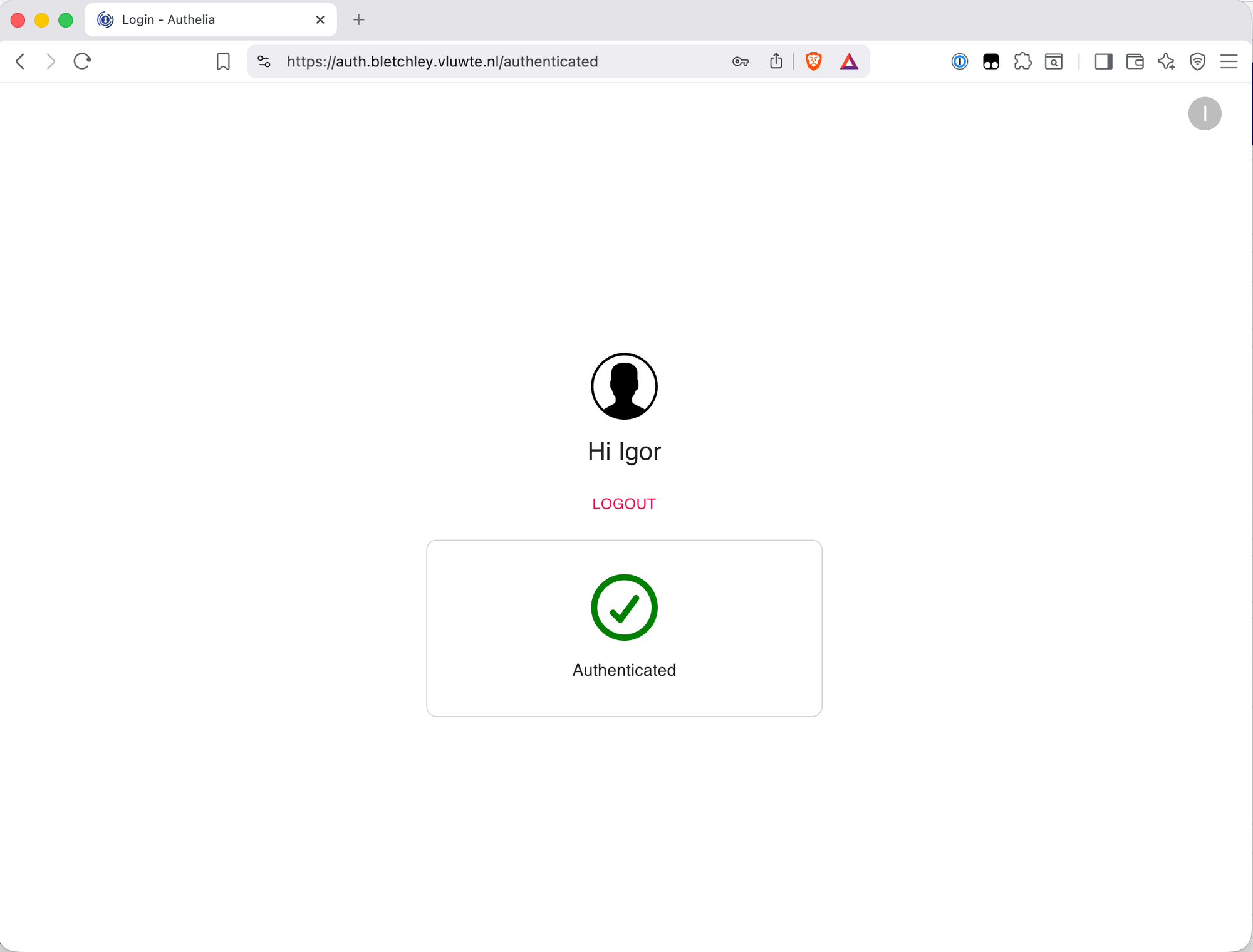 Browser showing the Authelia authenticated state page at https://auth.bletchley.vluwte.nl with a logout button visible