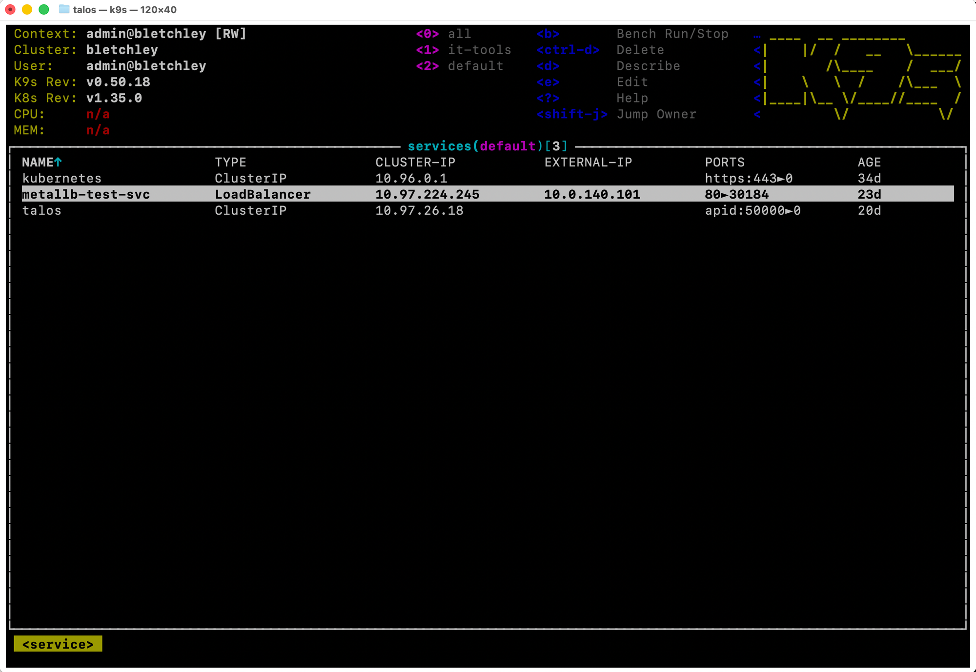 k9s services view in the default namespace showing three services: kubernetes ClusterIP, metallb-test-svc LoadBalancer with external IP 10.0.140.101, and talos ClusterIP with apid port 50000