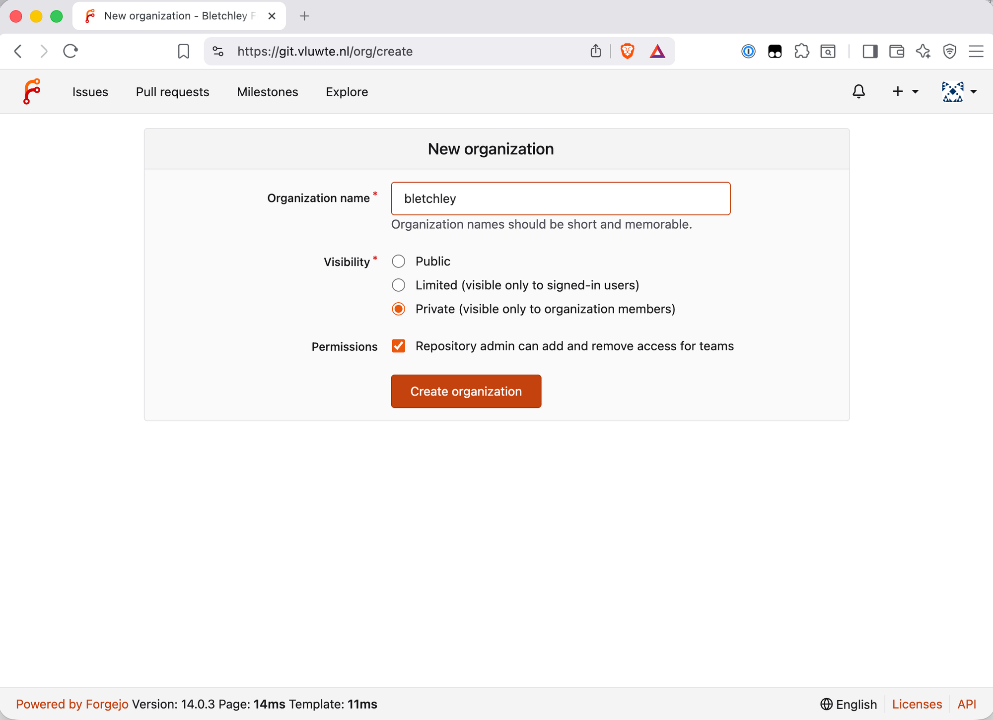 Forgejo new organisation form showing bletchley entered as the organisation name with Private visibility selected