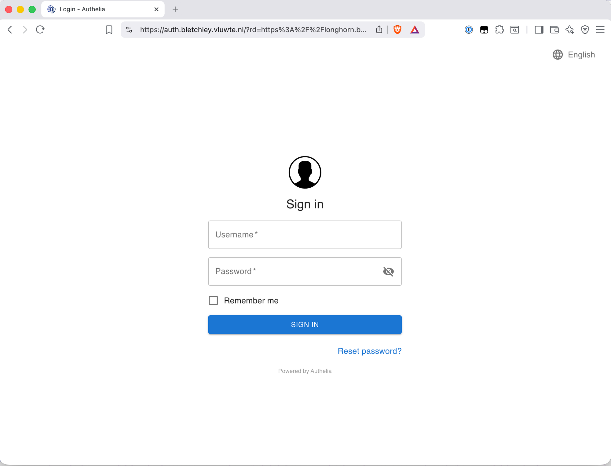 Browser showing the Authelia login page with the URL bar displaying auth.bletchley.vluwte.nl with a redirect parameter pointing back to longhorn.bletchley.vluwte.nl