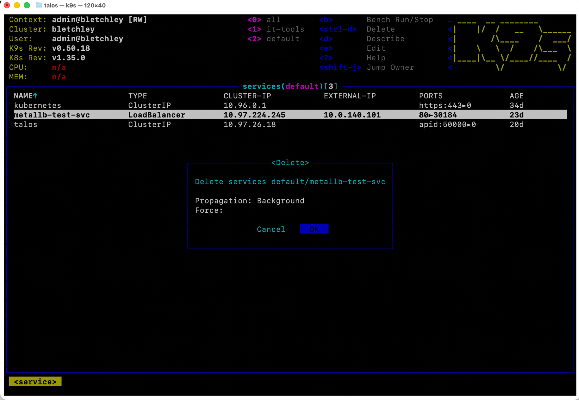 k9s delete confirmation dialog showing Delete services default/metallb-test-svc with Cancel and OK buttons, OK highlighted in blue