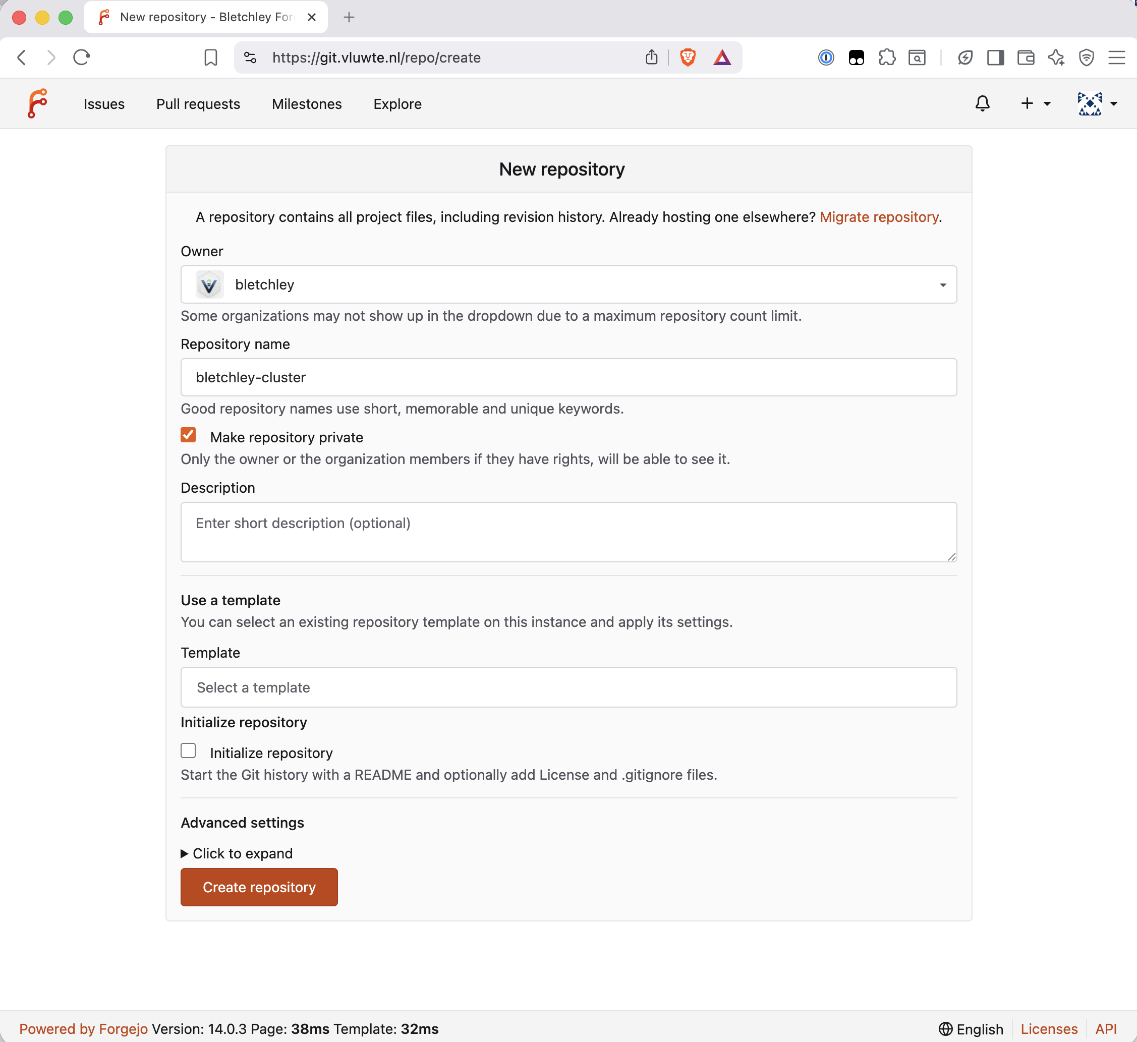 Forgejo new repository form showing owner bletchley, repository name bletchley-cluster, private checkbox ticked, and Initialize repository unchecked