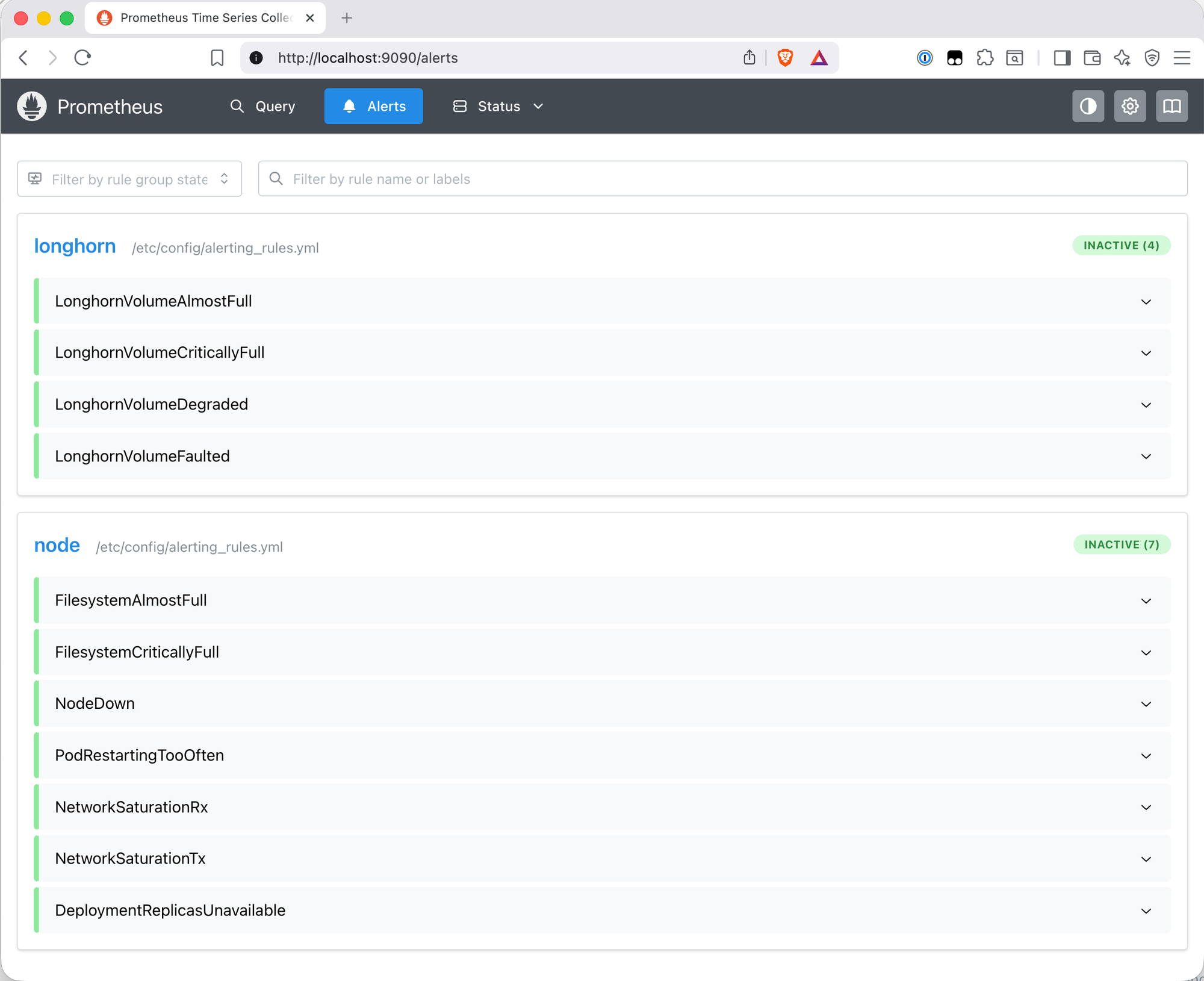 Prometheus Alerts page showing the longhorn group with 4 inactive rules and the node group with 7 inactive rules, all with green indicators