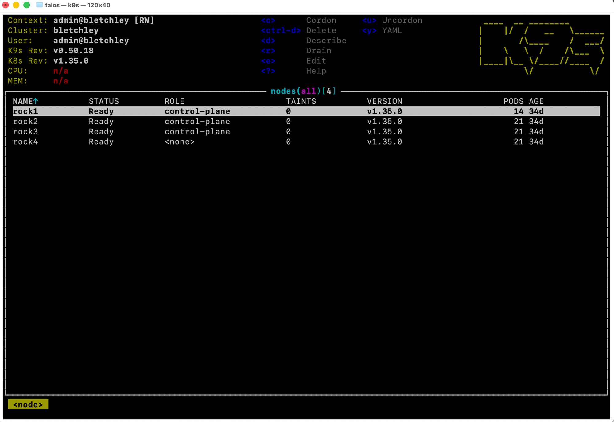 k9s nodes view showing all four nodes: rock1, rock2, rock3 with control-plane role and 14-21 pods each, and rock4 with no role assigned and 21 pods, all running Kubernetes v1.35.0 and showing Ready status