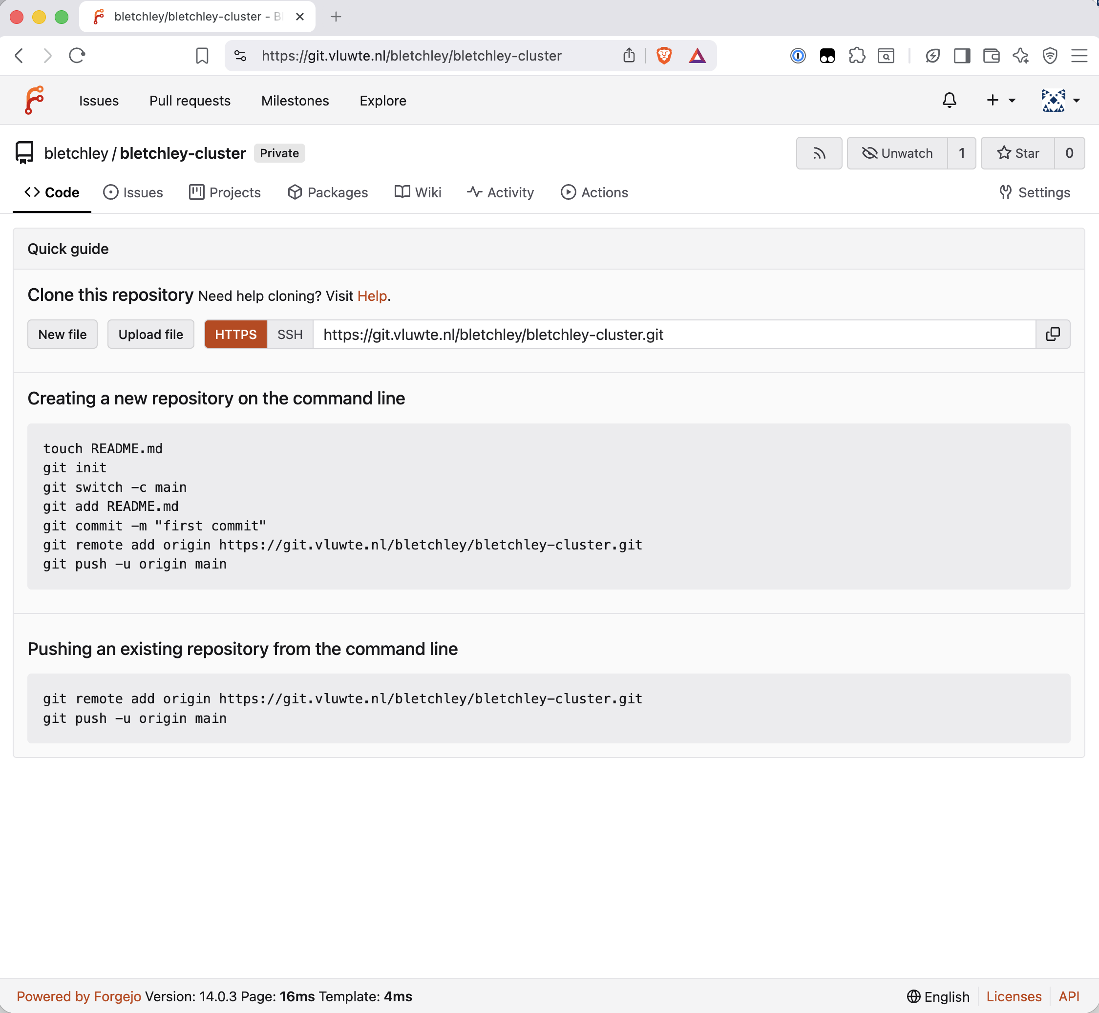 Forgejo showing the newly created empty bletchley-cluster repository with the HTTPS clone URL and quick start instructions for pushing an existing repository