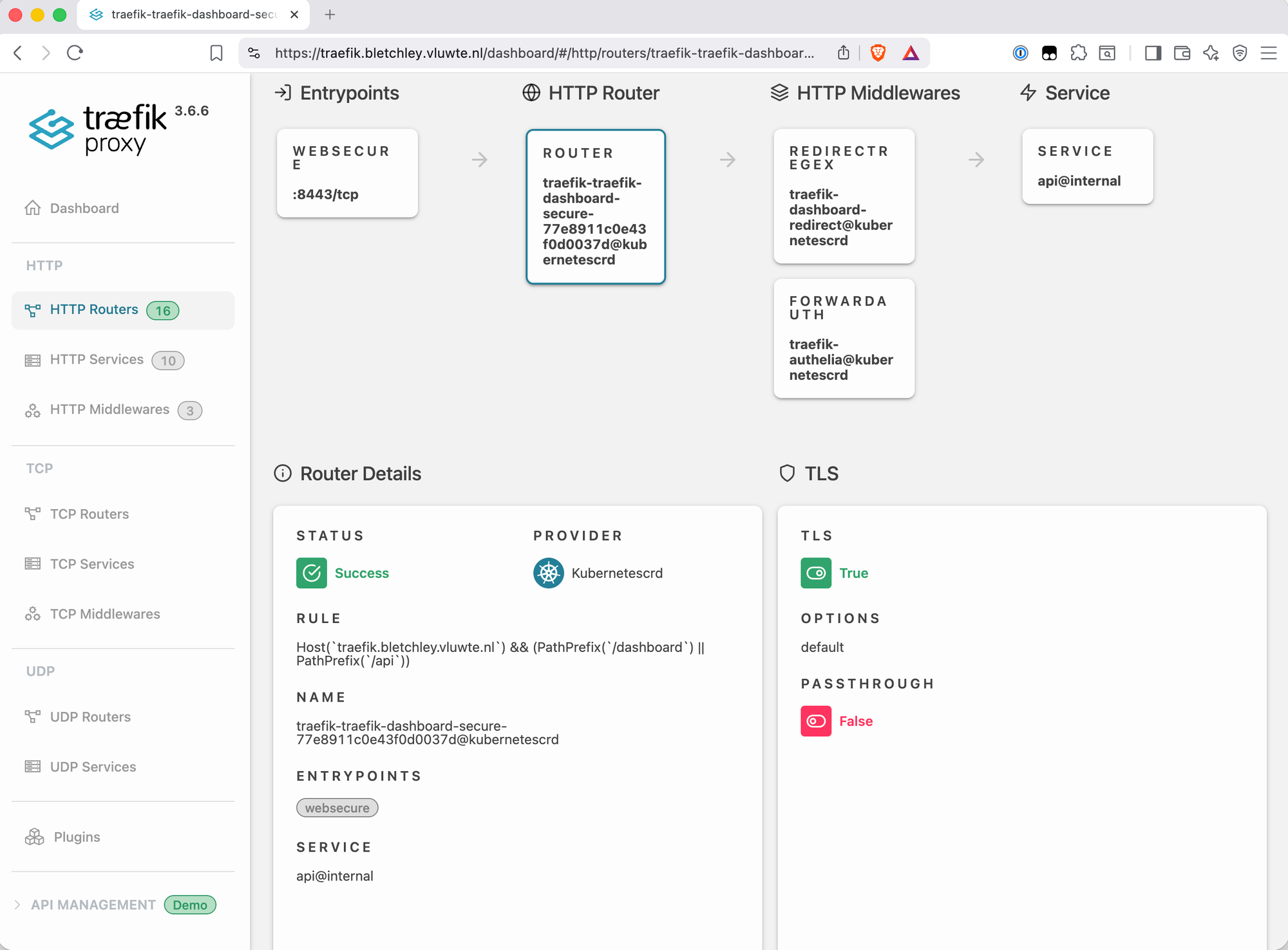 Traefik dashboard router detail page showing the traefik-dashboard-secure route with WEBSECURE entrypoint, two middlewares (REDIRECTREGEX for the trailing slash and FORWARDAUTH for Authelia), and api@internal as the service. Status is Success, TLS is True, provider is Kubernetescrd