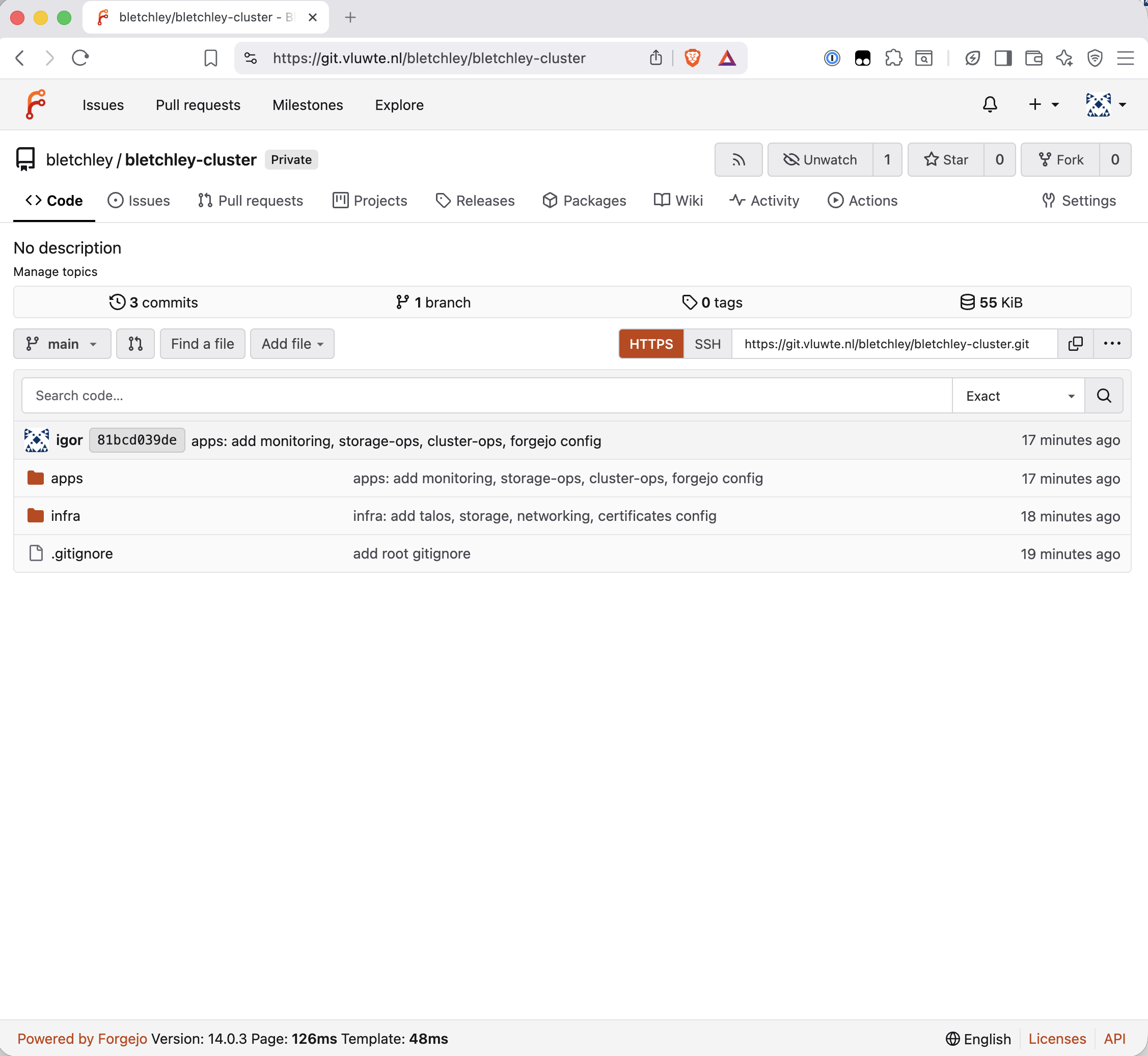 Forgejo repository view showing bletchley-cluster with 3 commits, apps and infra top-level directories, and .gitignore, with commit messages showing add root gitignore, infra: add talos storage networking certificates config, and apps: add monitoring storage-ops cluster-ops forgejo config