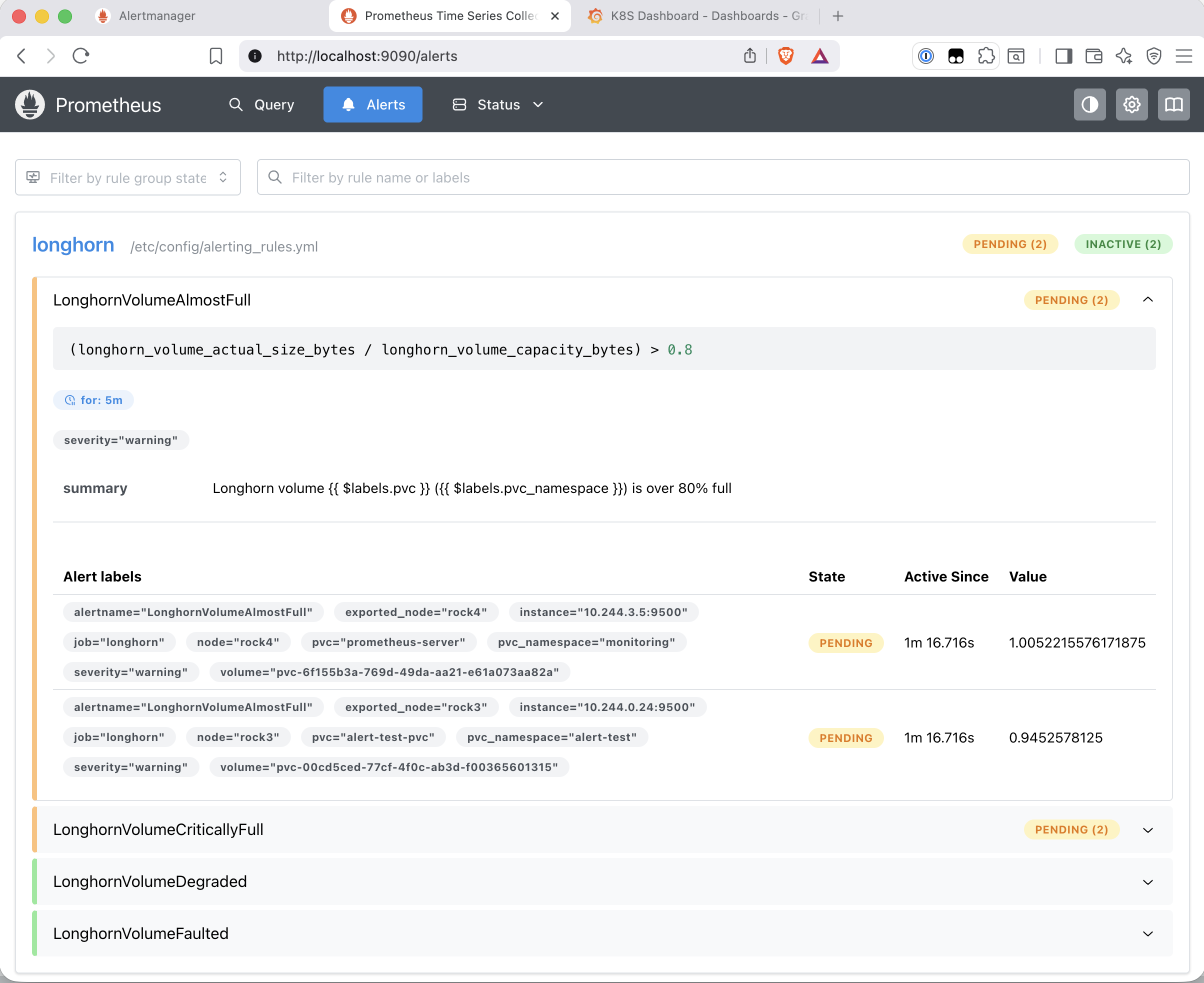 Prometheus Alerts page showing LonghornVolumeAlmostFull and LonghornVolumeCriticallyFull in pending state, with the alert details showing the correct PromQL expression and pvc label values