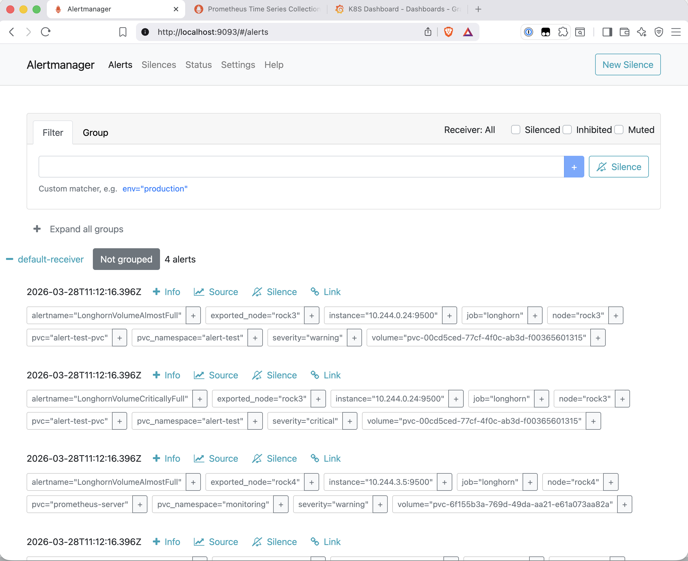Alertmanager UI showing four active alerts: LonghornVolumeAlmostFull and LonghornVolumeCriticallyFull for alert-test-pvc, and LonghornVolumeAlmostFull for prometheus-server, all with full label sets visible