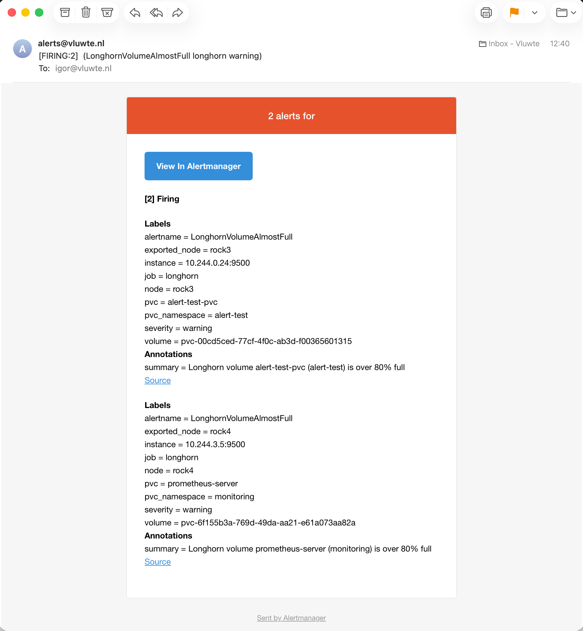 Email from alerts@vluwte.nl to igor@vluwte.nl with subject FIRING:2 LonghornVolumeAlmostFull longhorn warning, showing two alerts with full label sets and readable summaries: Longhorn volume alert-test-pvc (alert-test) is over 80% full, and Longhorn volume prometheus-server (monitoring) is over 80% full
