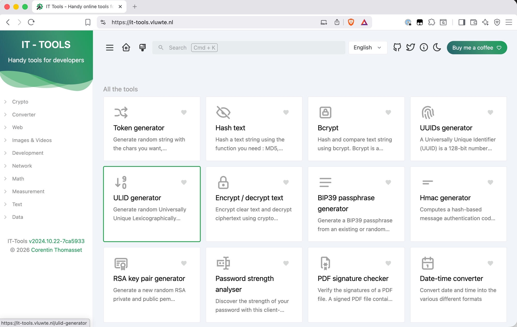 IT-Tools dashboard at https://it-tools.vluwte.nl showing the full tool grid including Token generator, Hash text, Bcrypt, UUIDs generator, ULID generator, Encrypt/decrypt text, and more, organised by category in the left sidebar