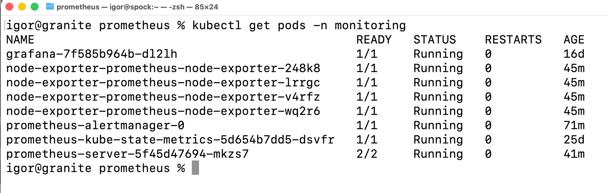 Terminal output of kubectl get pods -n monitoring showing all monitoring namespace pods running: Grafana, four node-exporter instances, prometheus-alertmanager-0, prometheus-kube-state-metrics, and prometheus-server, all in Running state with zero restarts