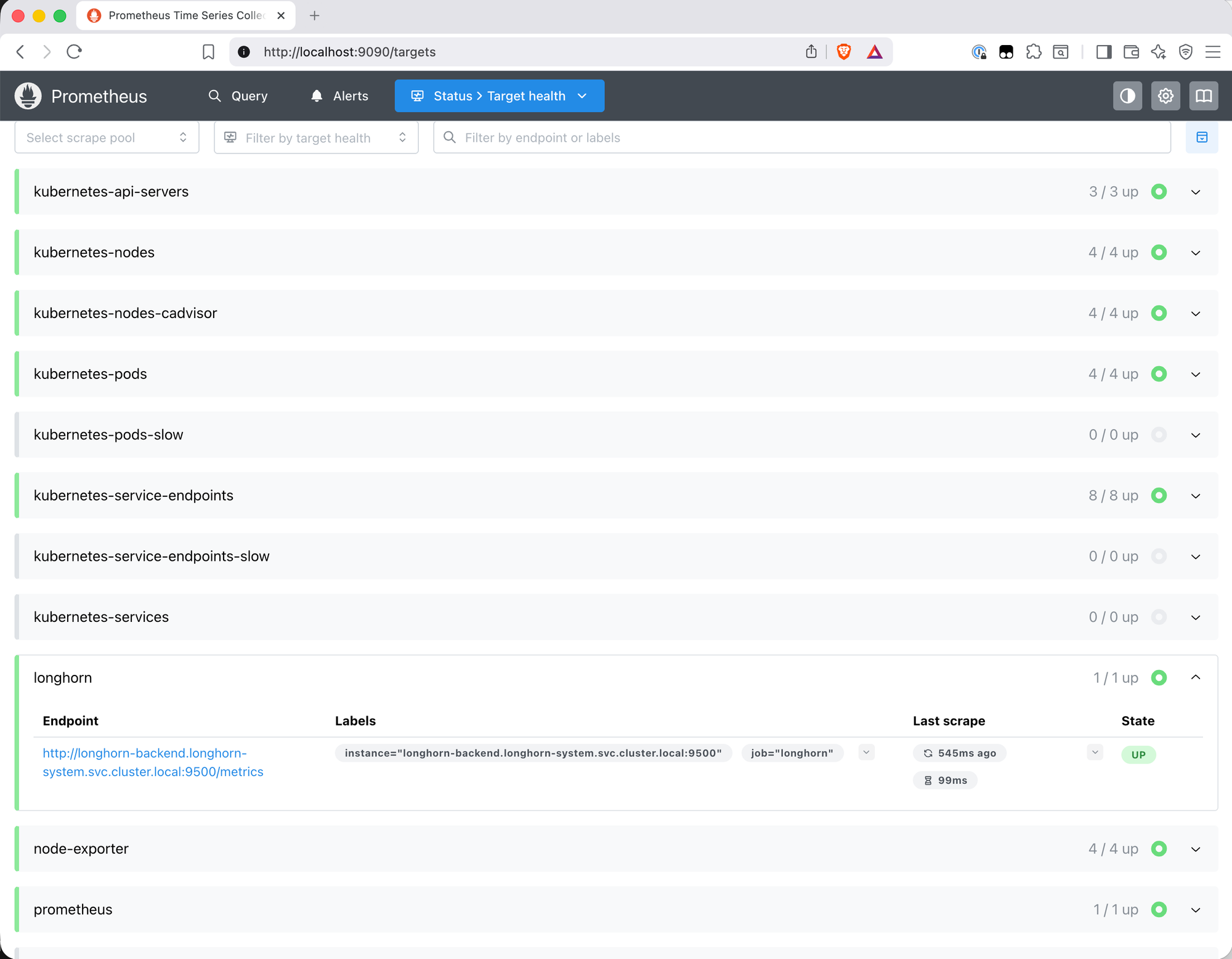 Prometheus targets page showing the longhorn job with 1/1 up and the longhorn-backend service endpoint listed