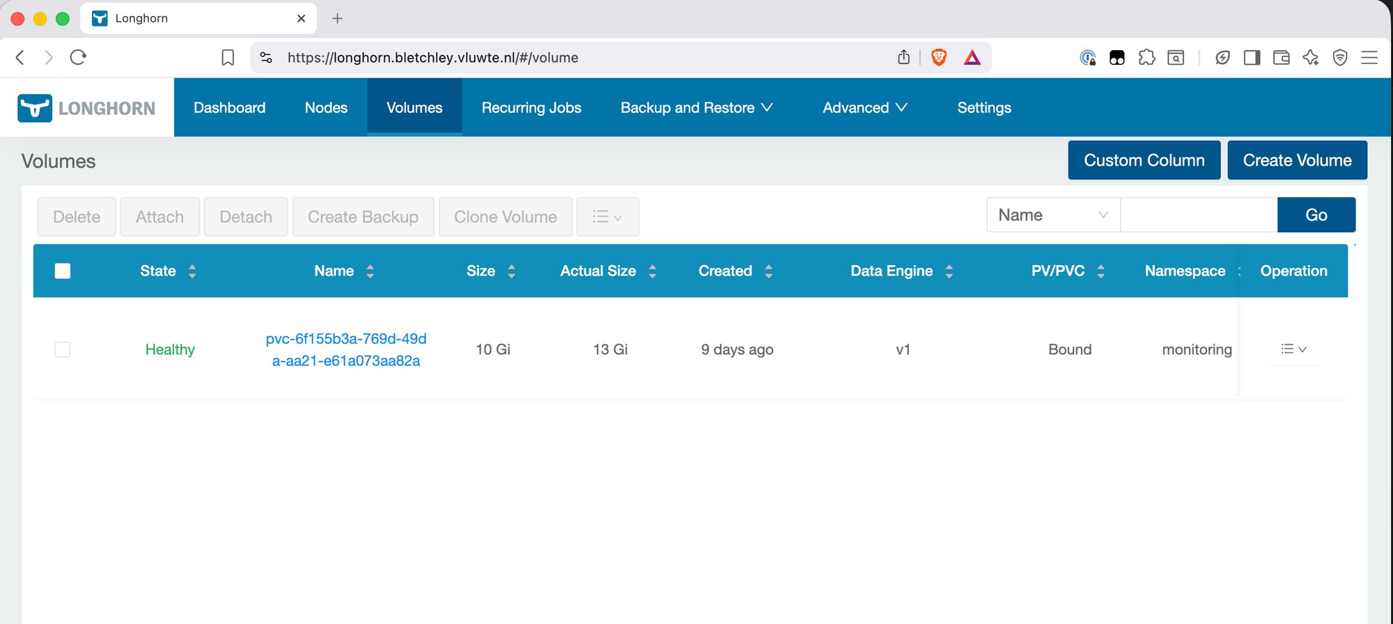 Longhorn Volumes page showing no Grafana volume — the PVC has been deleted