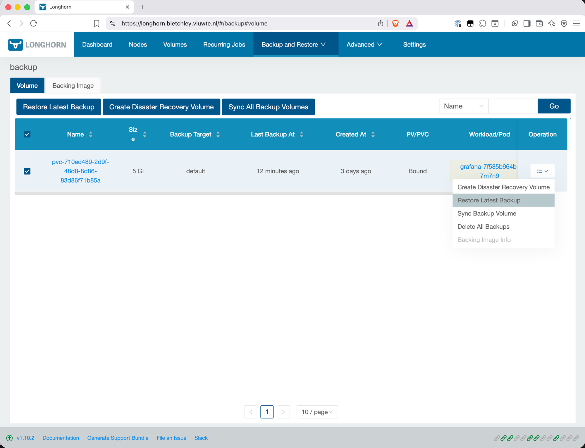 Longhorn Backup and Restore page showing the restore option selected for the Grafana backup