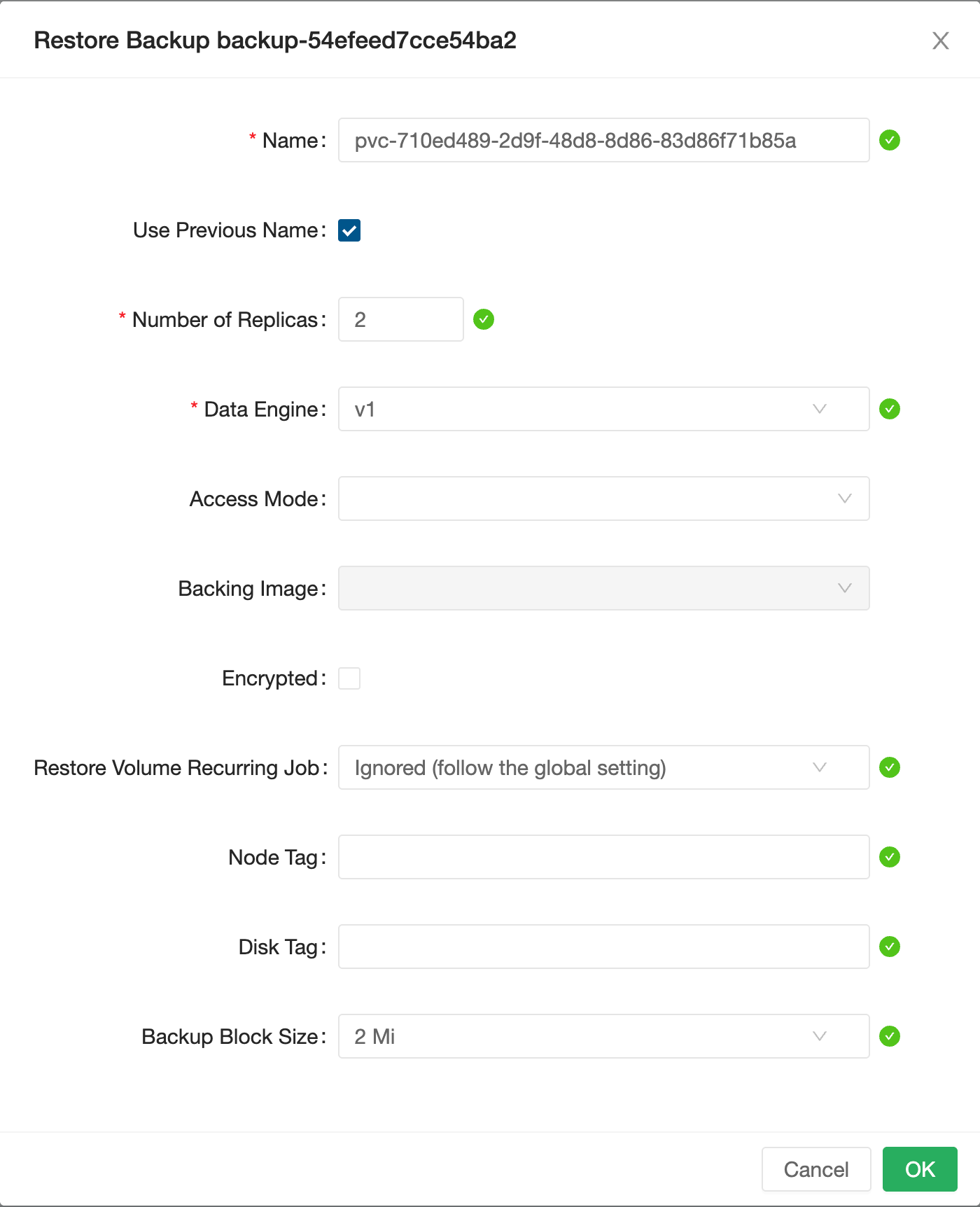 Longhorn restore backup dialog with Use Previous Name checkbox checked and the original volume name pre-populated