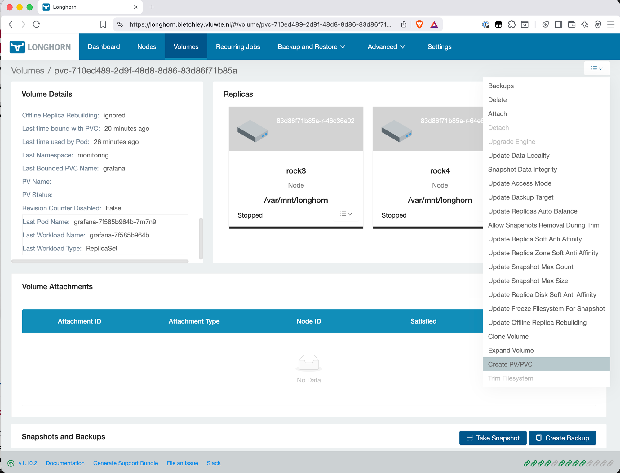 Longhorn Create PV/PVC dialog showing namespace monitoring and PVC name grafana pre-filled