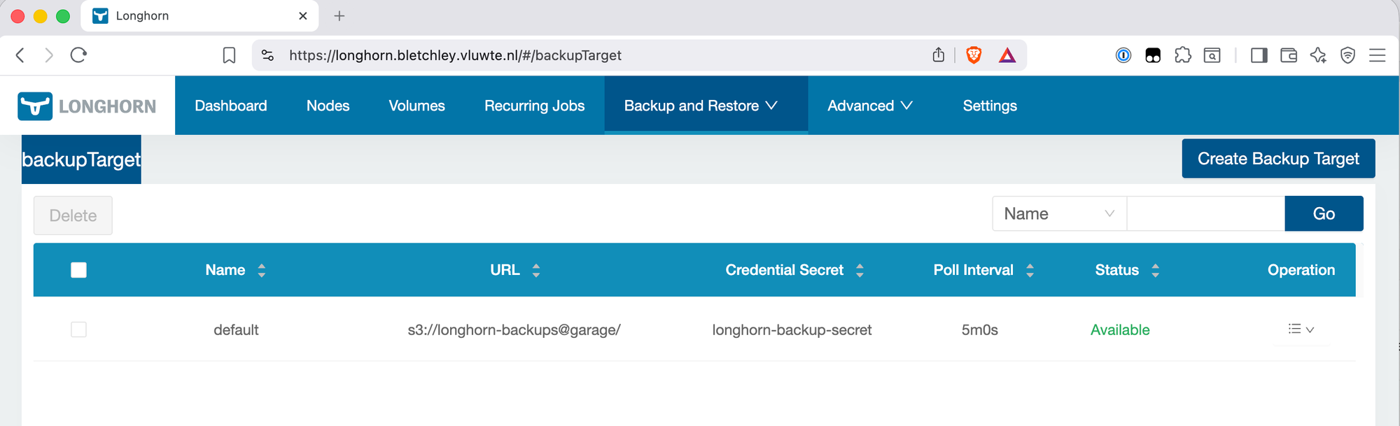 Longhorn Backup Targets page showing the default target with status Available and backup target URL s3://longhorn-backups@garage/