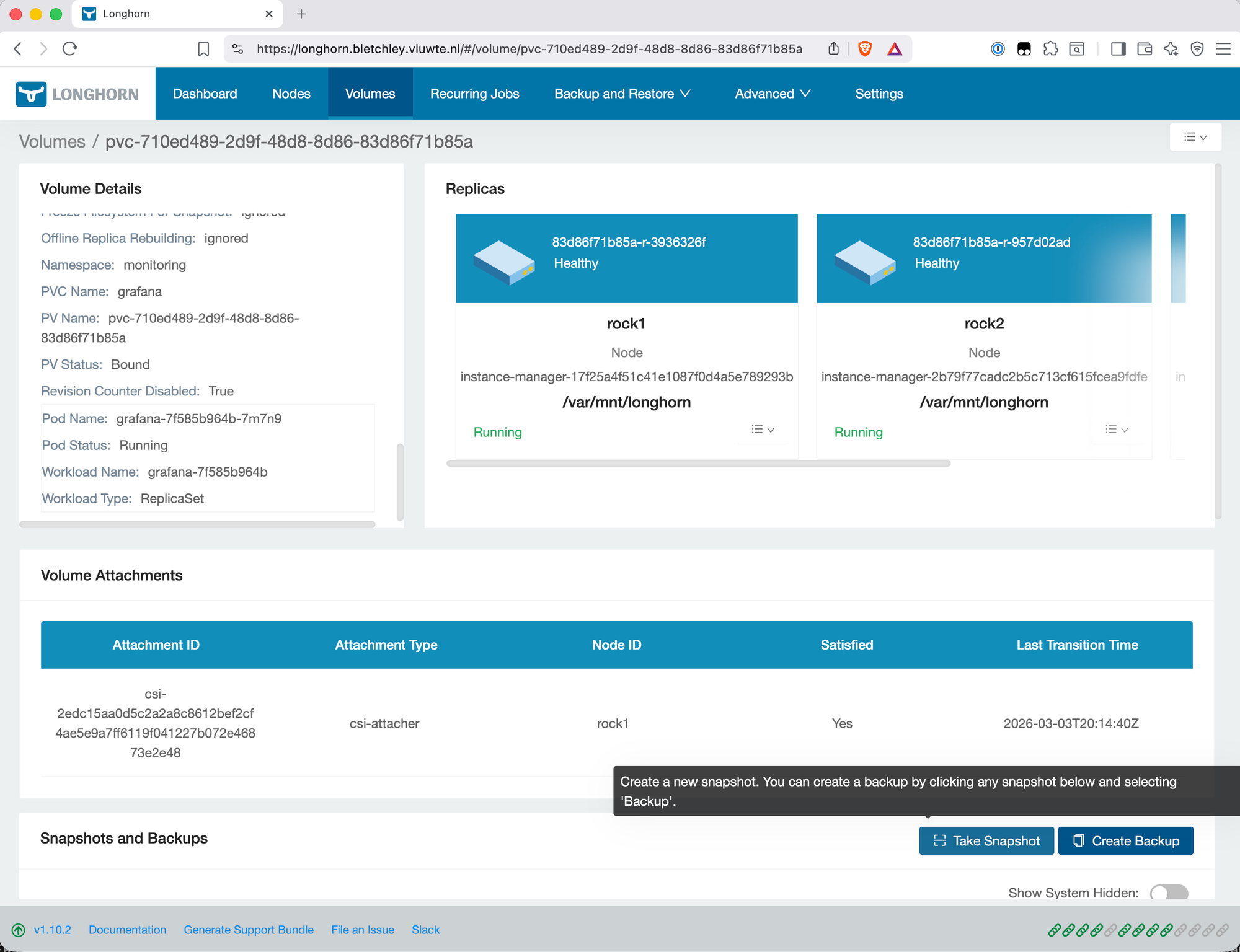 Longhorn volume detail page showing the Create Snapshot button with a snapshot being created for the Grafana PVC