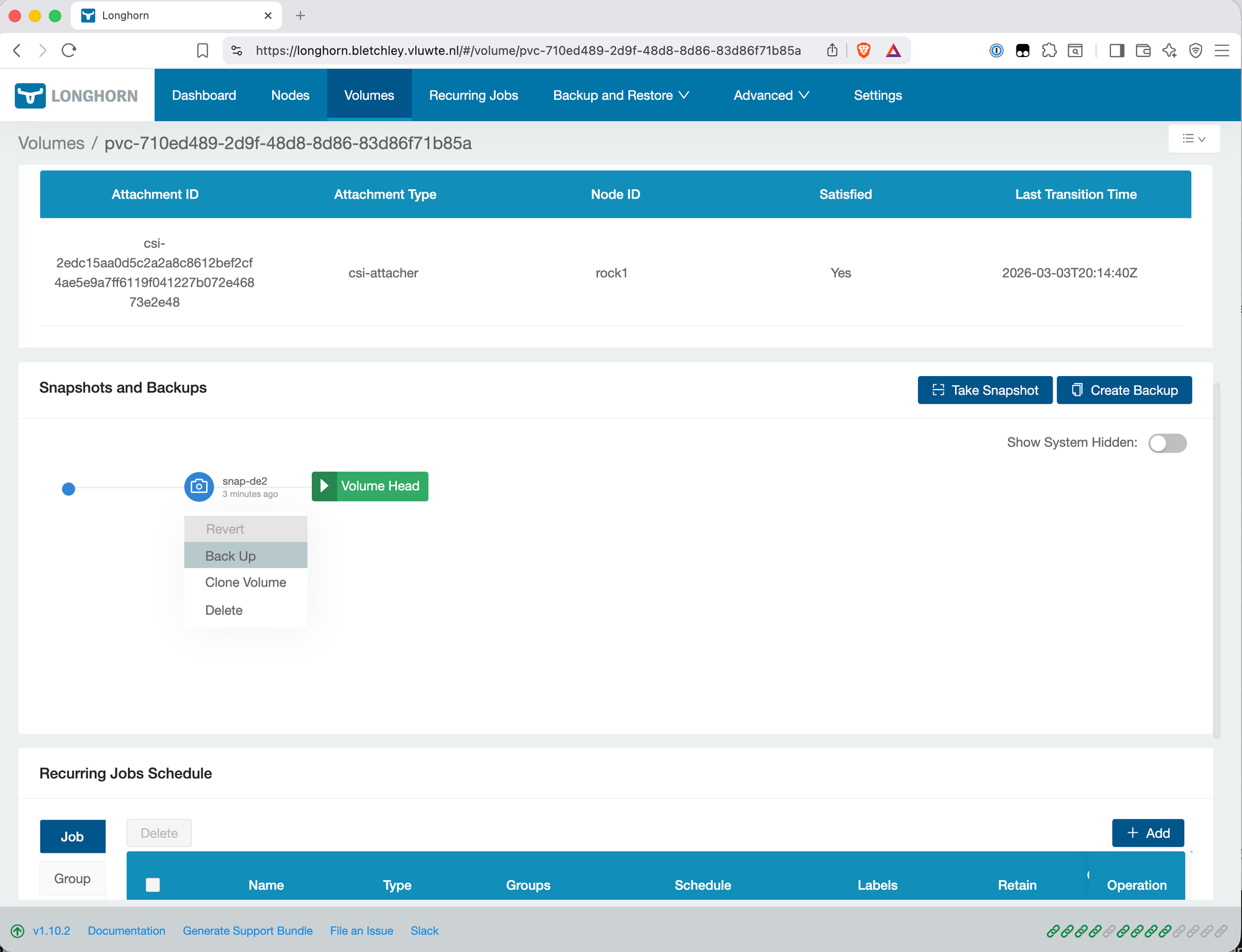 Longhorn snapshot list showing the Make Backup option in the dropdown menu for a selected snapshot