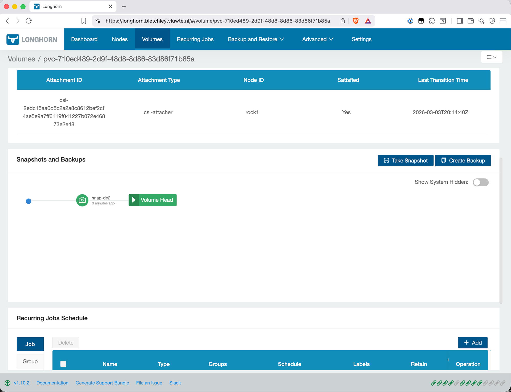 Longhorn Backup page showing a completed backup for the Grafana PVC with status Completed and size 5 GiB
