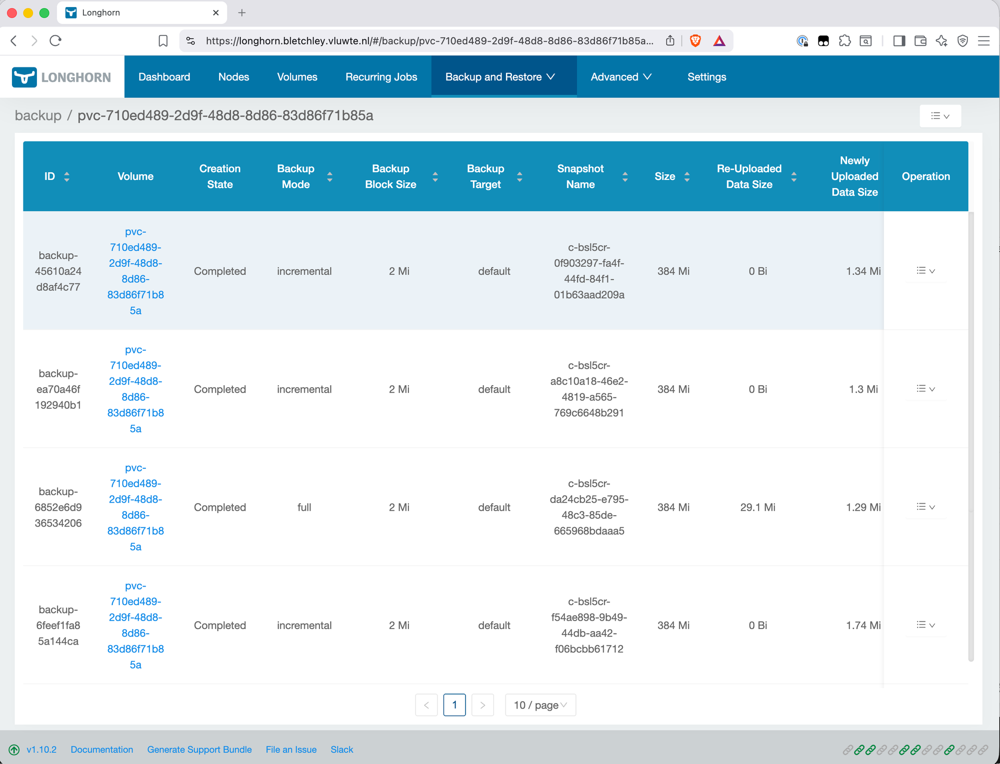 Longhorn Backup and Restore page showing the longhorn-backups backup volume with last backup time and status available