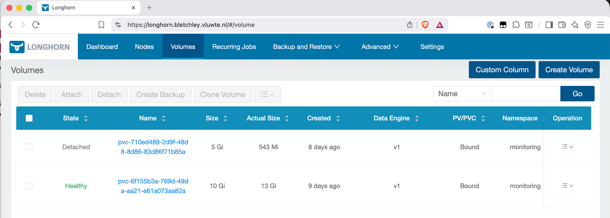 Longhorn Volumes page showing the Grafana PVC volume with status Detached after scaling the deployment to zero