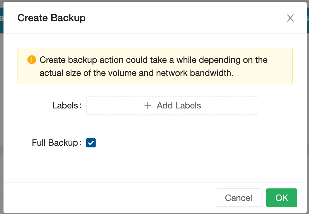 Longhorn volume backup creation dialog showing the Grafana volume being backed up to the Garage S3 backup target