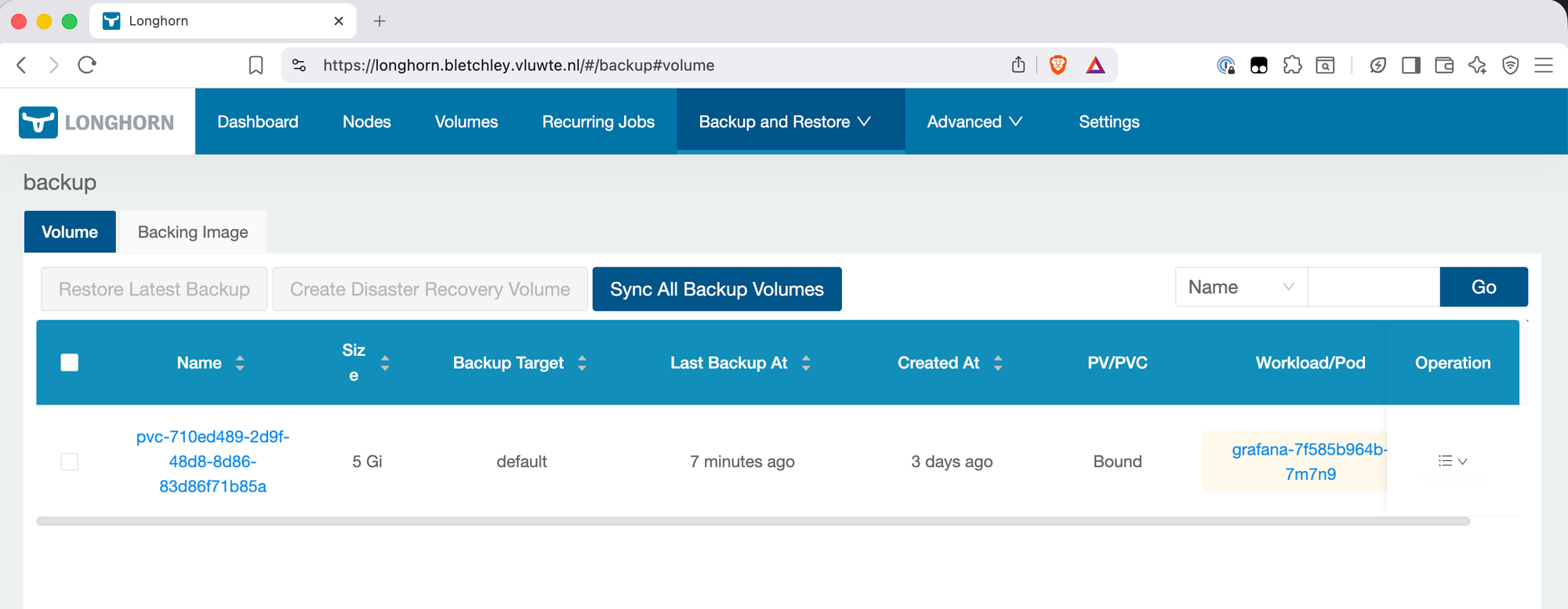 Longhorn Backup and Restore page showing the Grafana PVC backup completed with timestamp and size