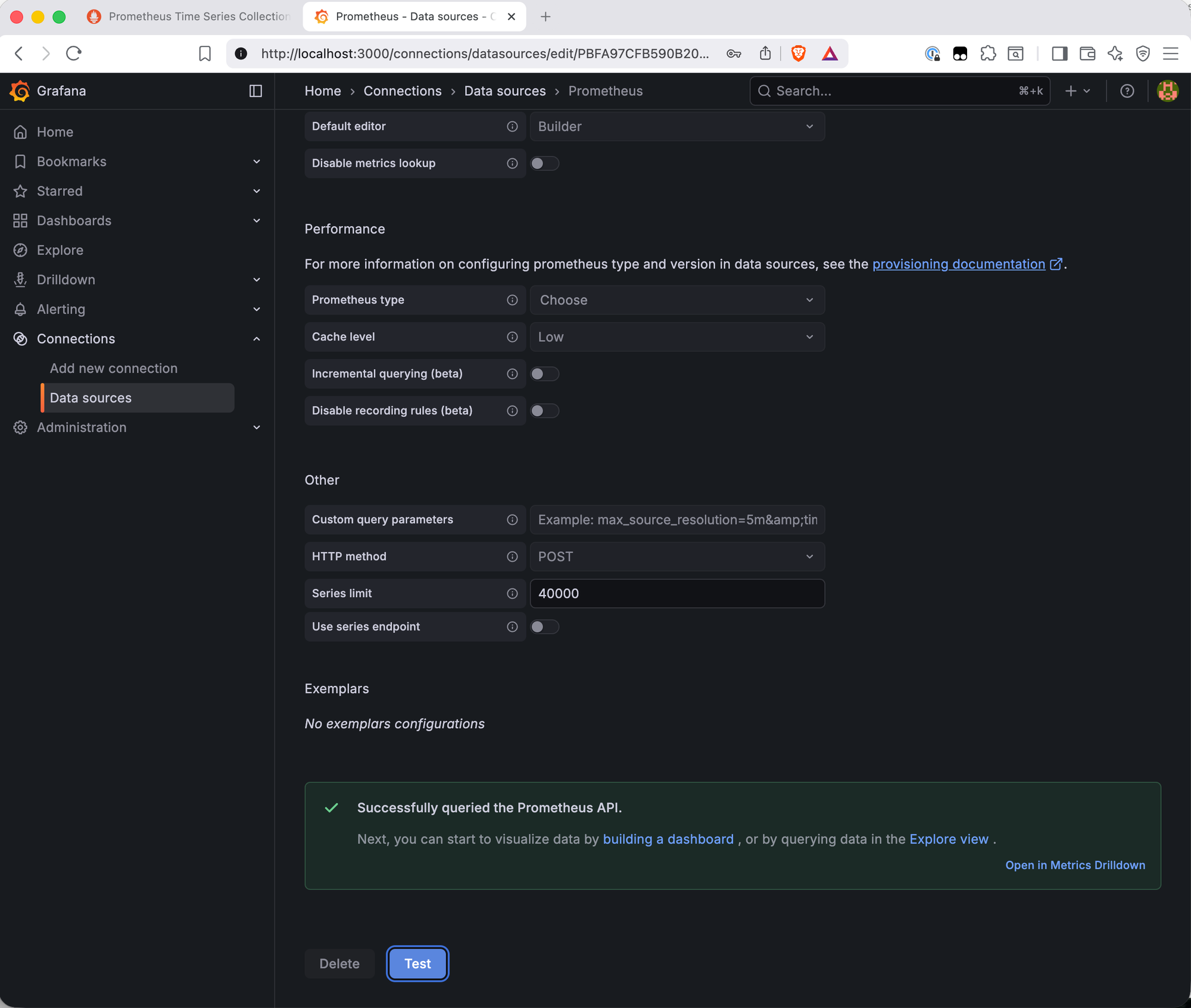 success banner reading Successfully queried the Prometheus API at the bottom of the page