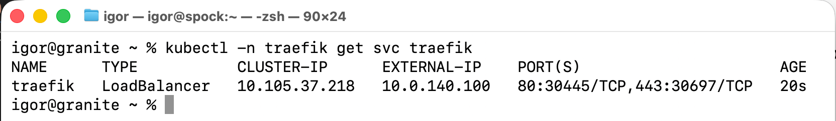Terminal output showing the traefik service as type LoadBalancer with CLUSTER-IP 10.105.37.218, EXTERNAL-IP 10.0.140.100, and ports 80:30445/TCP and 443:30697/TCP