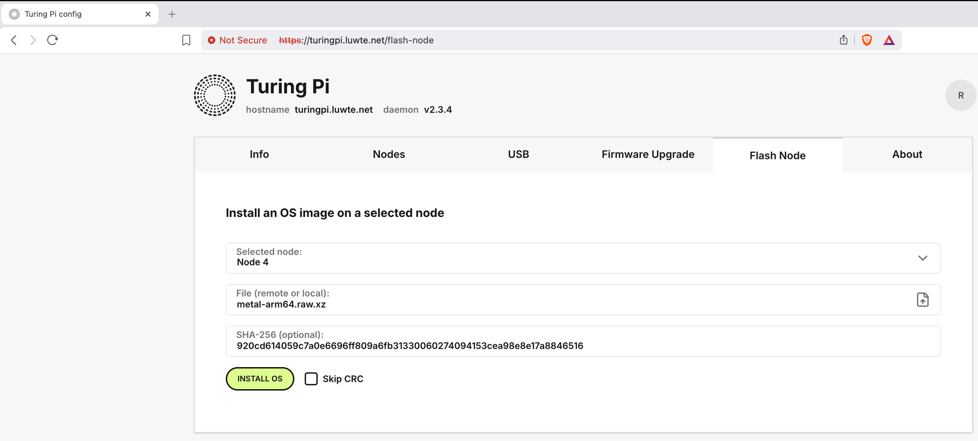 Browser showing TuringPi Flash Node tab with Node 4 selected, metal-arm64.raw.xz and SHA-256 hash entered