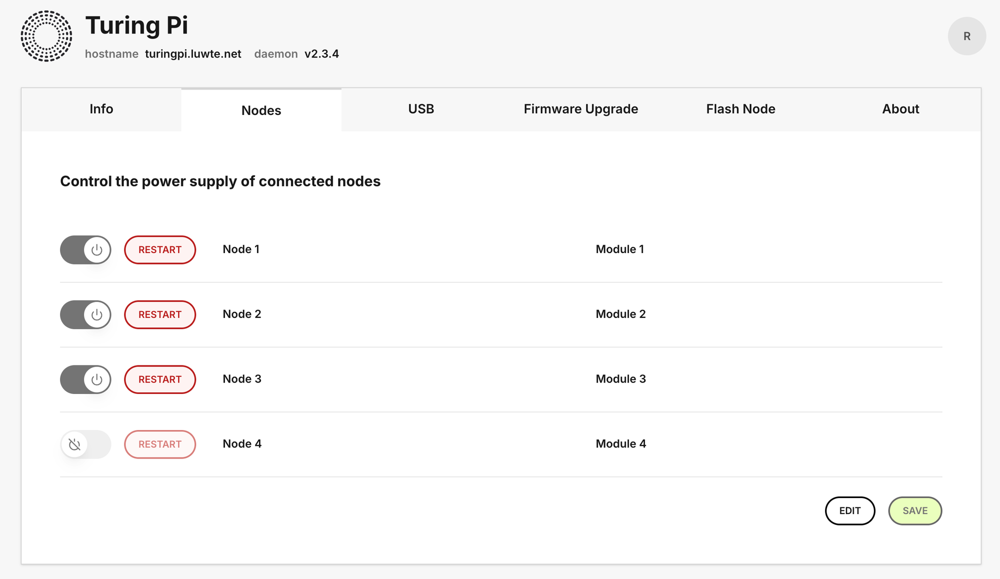 TuringPi web UI Nodes tab showing Node 1-3 powered on and Node 4 powered off after flashing