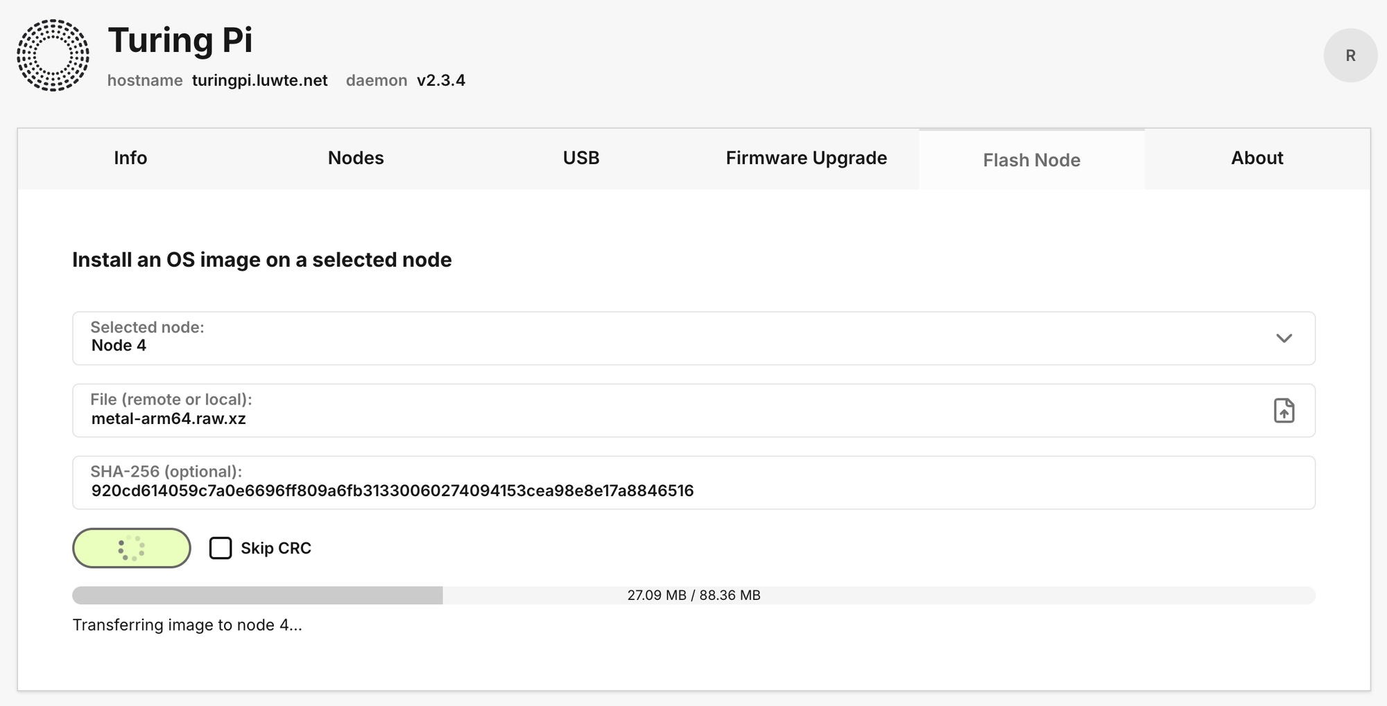 TuringPi web UI showing image upload progress to Node 4 at 27.09 MB of 88.36 MB transferred