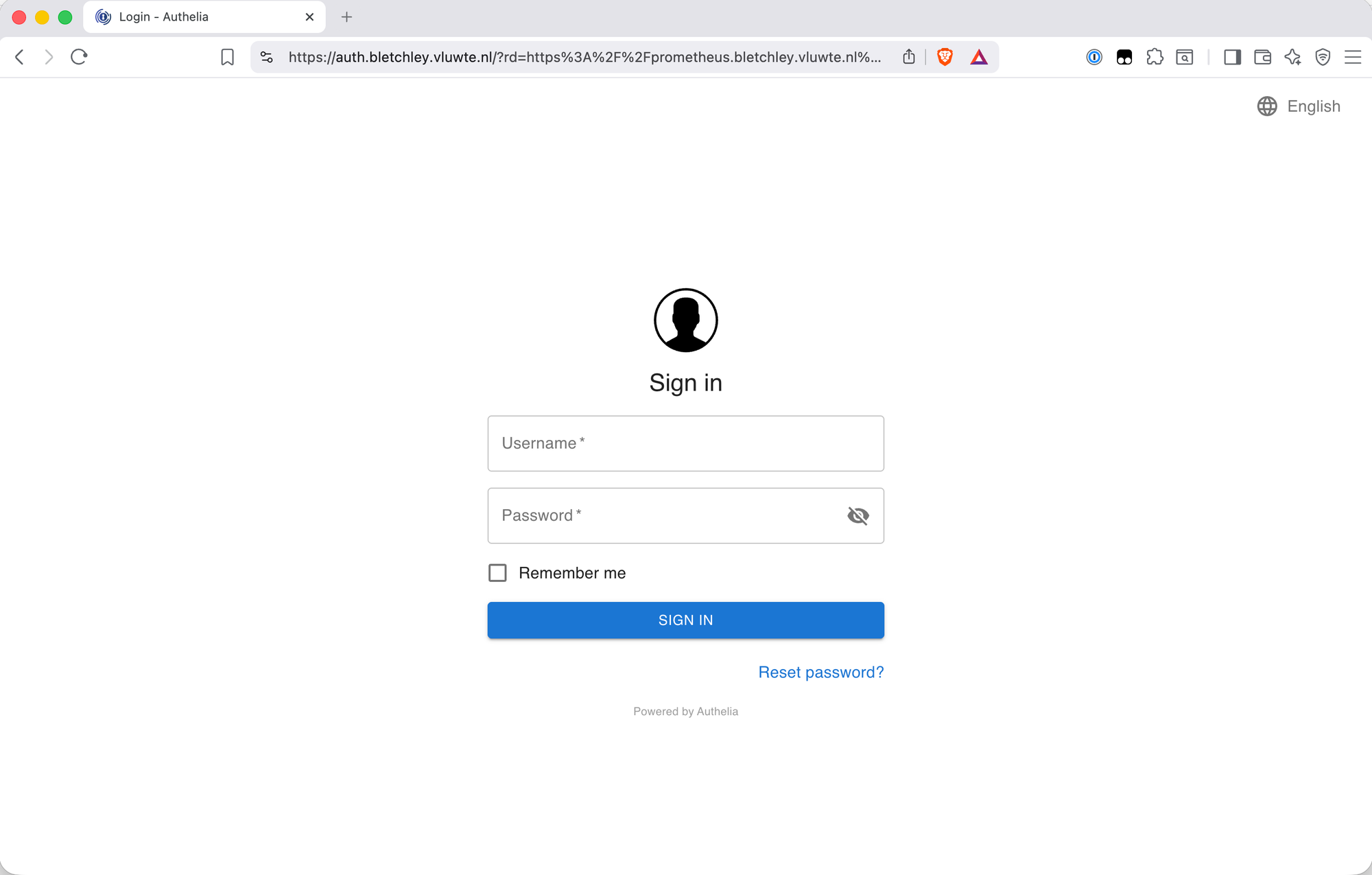 Browser showing the Authelia Sign In page at https://auth.bletchley.vluwte.nl with a redirect parameter pointing back to prometheus.bletchley.vluwte.nl