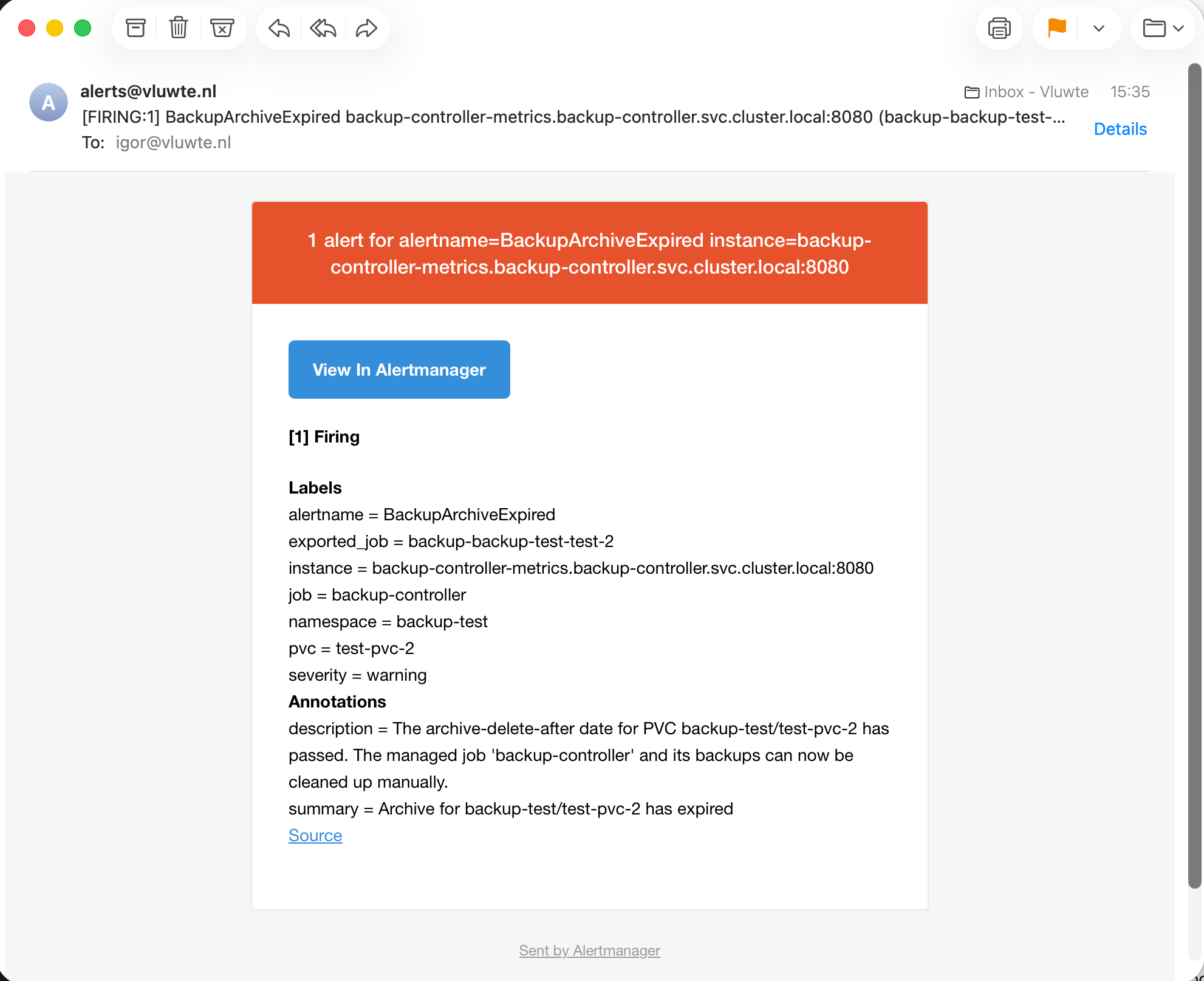 Email notification with subject BackupArchiveExpired showing the archive-delete-after date has passed for the test PVC job and manual cleanup is ready.