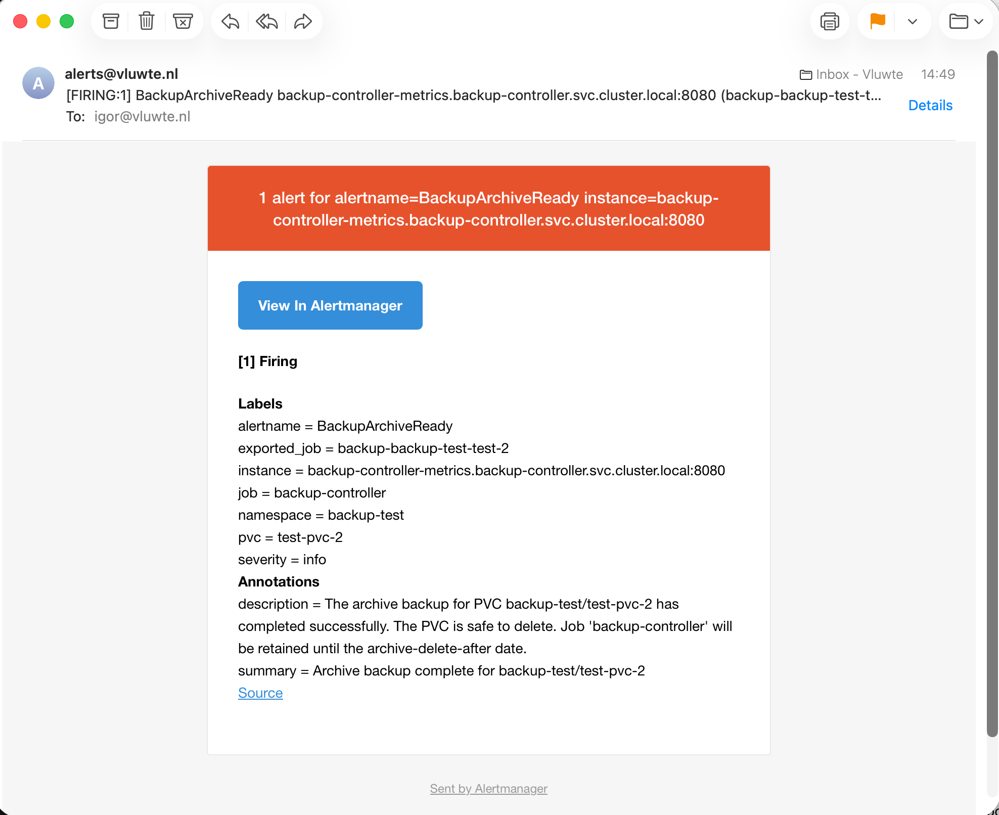 Email notification with subject BackupArchiveReady showing the archive backup has completed for the test PVC and the PVC is safe to delete.