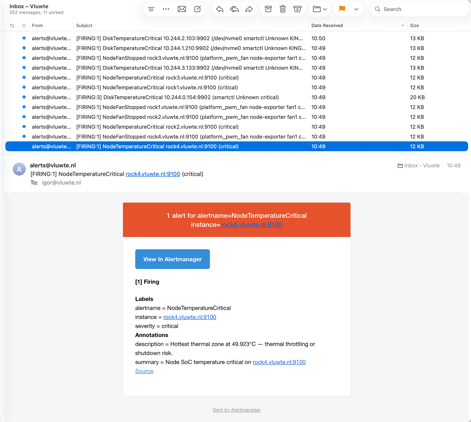 Email inbox showing 11 unread messages from alerts@vluwte.nl. The visible subjects include FIRING NodeTemperatureCritical for rock1, rock2, rock3, rock4, DiskTemperatureCritical for multiple pod IPs, and NodeFanStopped for rock3. An open email shows NodeTemperatureCritical for rock4 with description showing Hottest thermal zone at 49.923°C