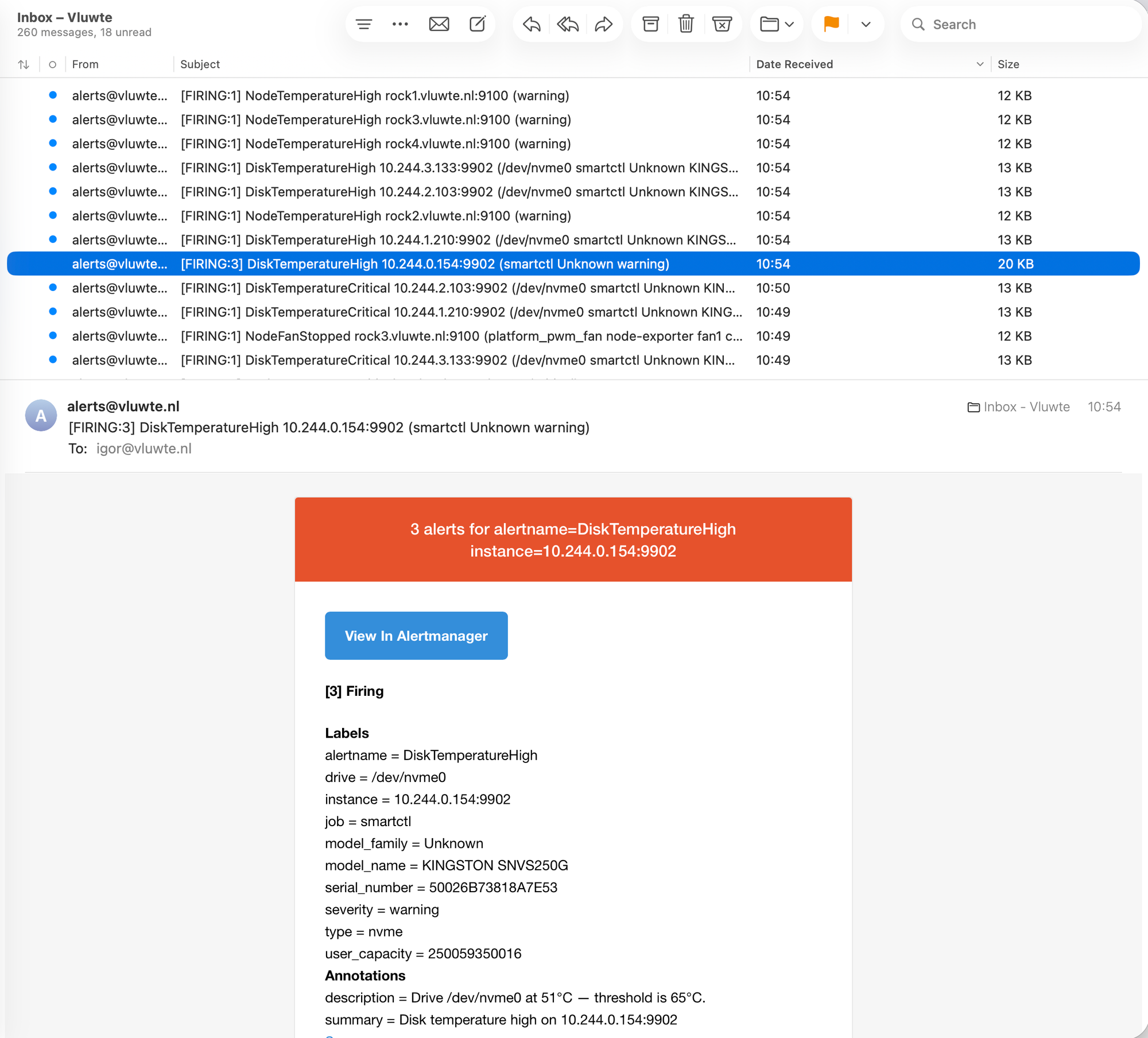 Email inbox showing a second batch of messages at 10:54. Subjects include FIRING NodeTemperatureHigh for rock1 through rock4, and FIRING DiskTemperatureHigh for multiple pod IPs. An open email shows DiskTemperatureHigh for 10.244.0.154:9902 grouped as 3 alerts with drive label showing dev/nvme0 at 51°C