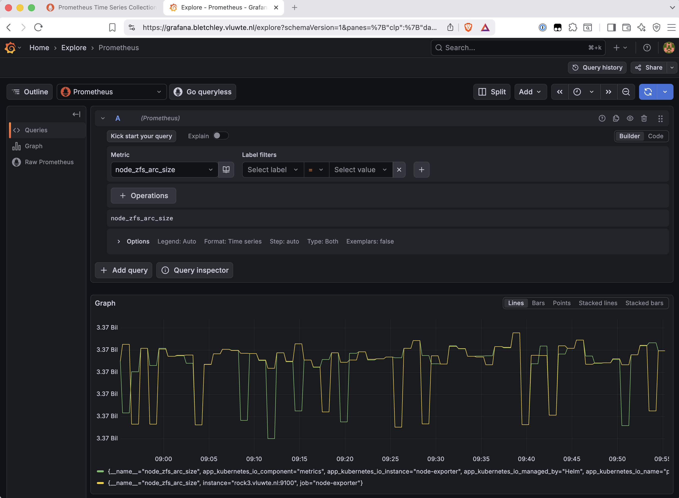 Grafana Explore view showing node_zfs_arc_size for rock3, stable data around 3.37 billion bytes going back weeks before today's upgrade