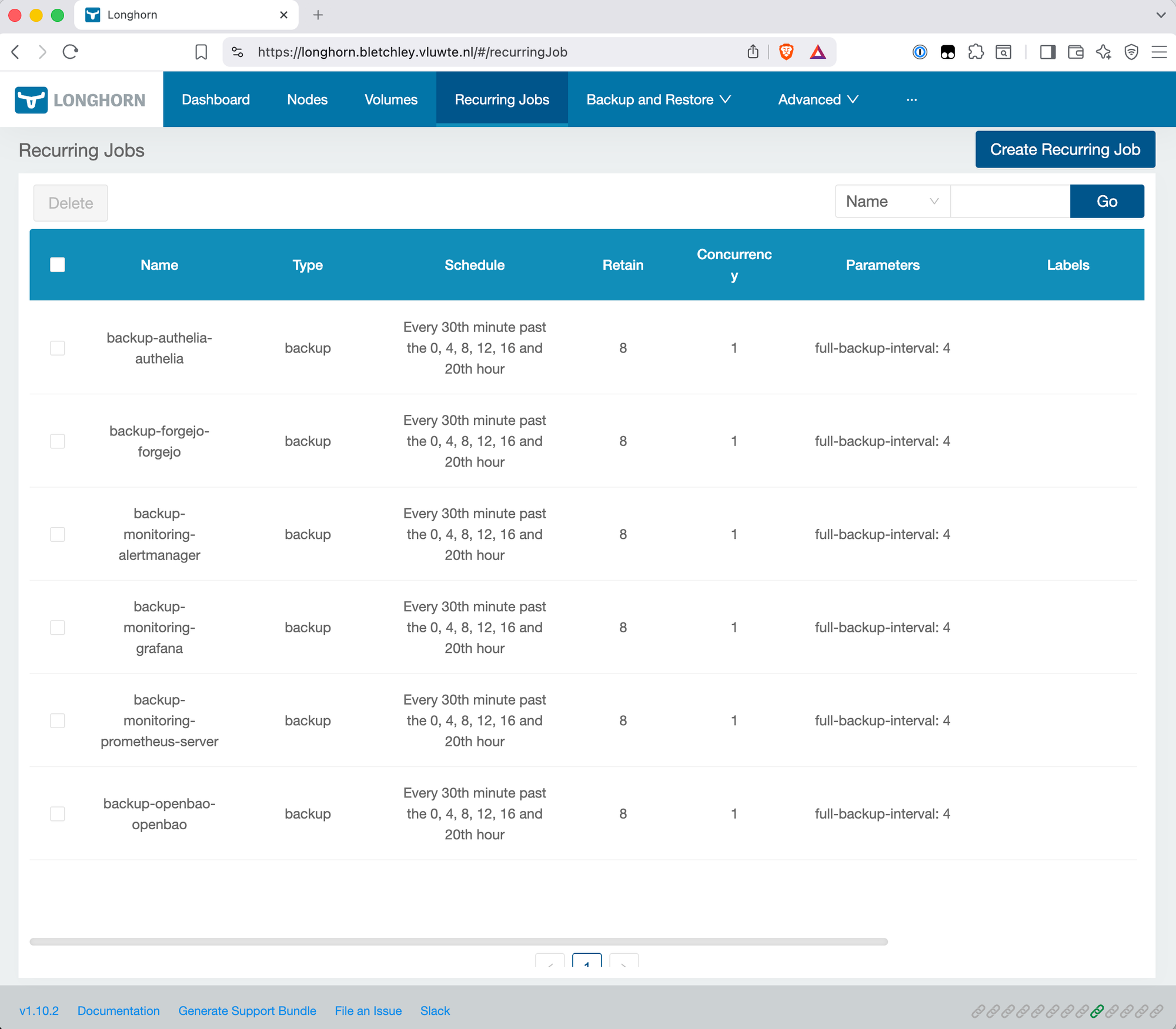 Longhorn Recurring Jobs page showing six controller-managed jobs all with consistent naming, scheduling, and parameters.