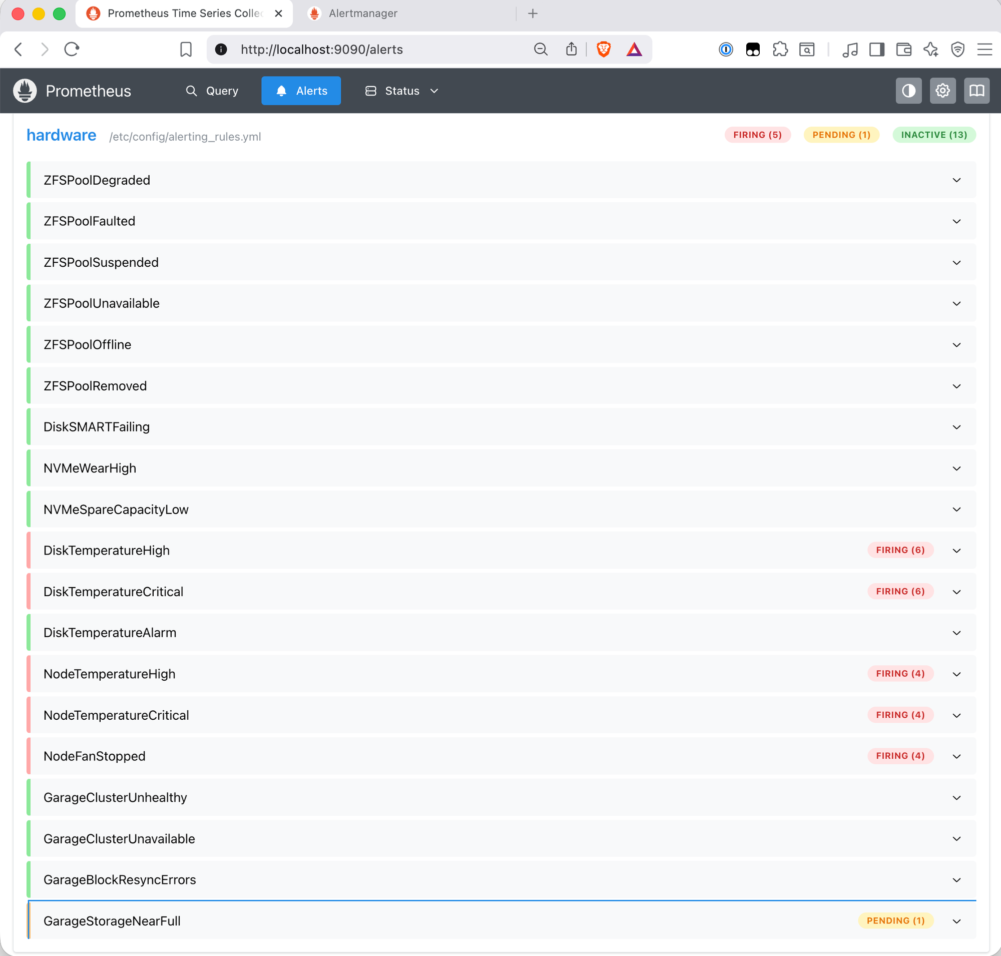 Prometheus alerts page showing FIRING (5) PENDING (1) INACTIVE (13). DiskTemperatureHigh FIRING (6), DiskTemperatureCritical FIRING (6), NodeTemperatureHigh FIRING (4), NodeTemperatureCritical FIRING (4), NodeFanStopped FIRING (4), GarageStorageNearFull PENDING (1)
