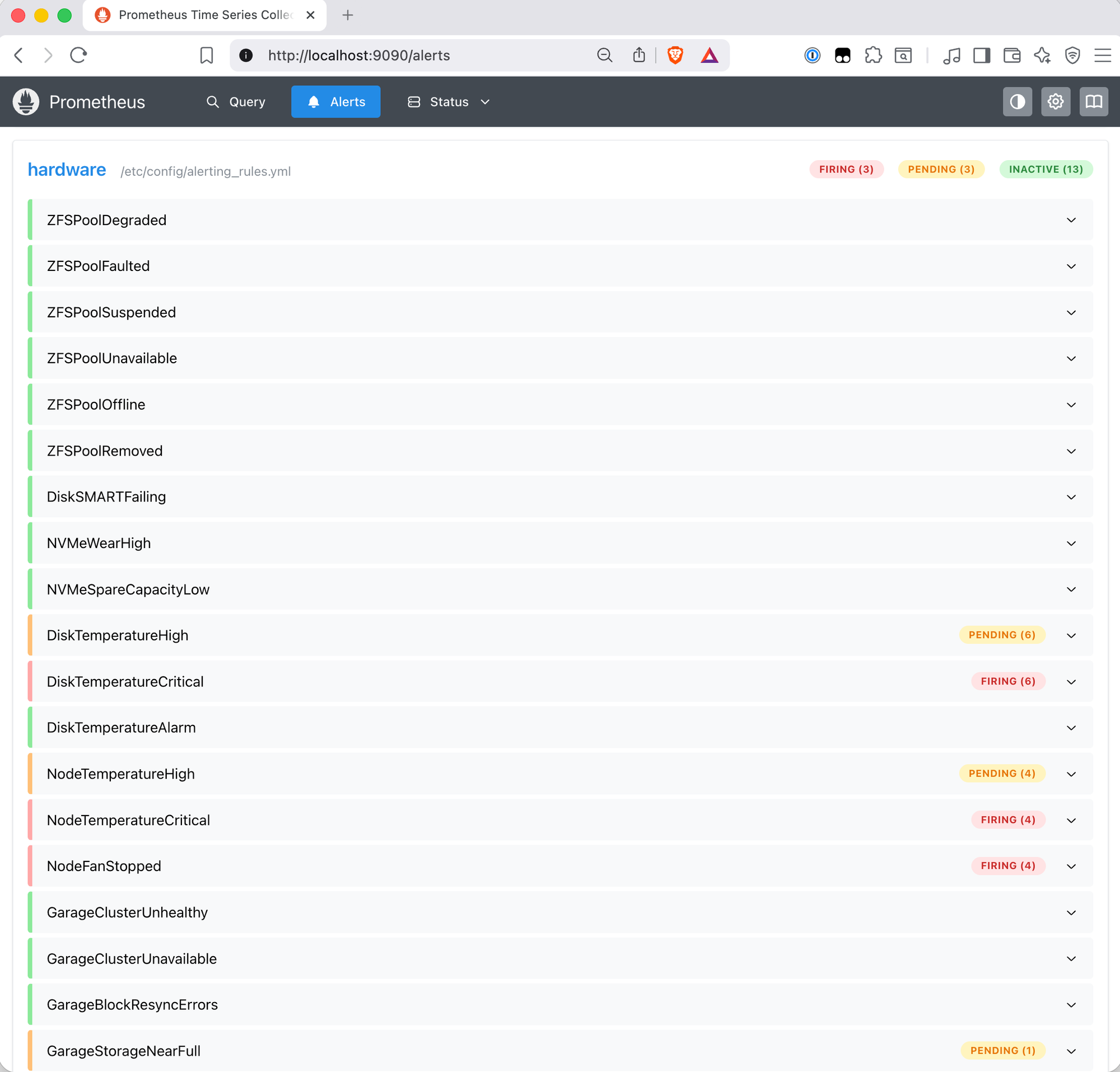 Prometheus alerts page showing FIRING (3) PENDING (3) INACTIVE (13) badges. DiskTemperatureCritical, NodeTemperatureCritical and NodeFanStopped are FIRING in red, while DiskTemperatureHigh, NodeTemperatureHigh are still PENDING in amber, and GarageStorageNearFull is PENDING